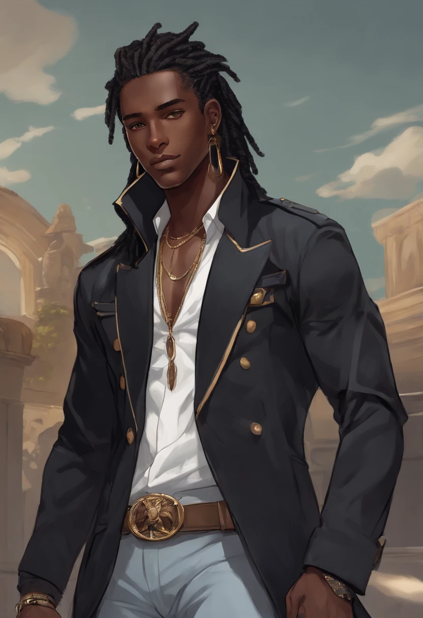 Dark skinned young man with blue eyes and a black jacket, light blue dreadlocks, dreadlock style hair, in an anime style, colored sketch, unrealistic character concept, character concept portrait of me, detailed character portrait, anime style character, anime style portrait, a character portrait, cel - shaded art style, His attire consists of a black, unbuttoned blazer with gold colored buttons on the front of the blazer and on the bottom of his sleeves and he wears a white v-neck shirt, white pants, a large black belt with a gold buckle, a smaller black belt that hangs loose on the side of his hip, and has on tan shoes with black buckles, inspired by King of Fighters