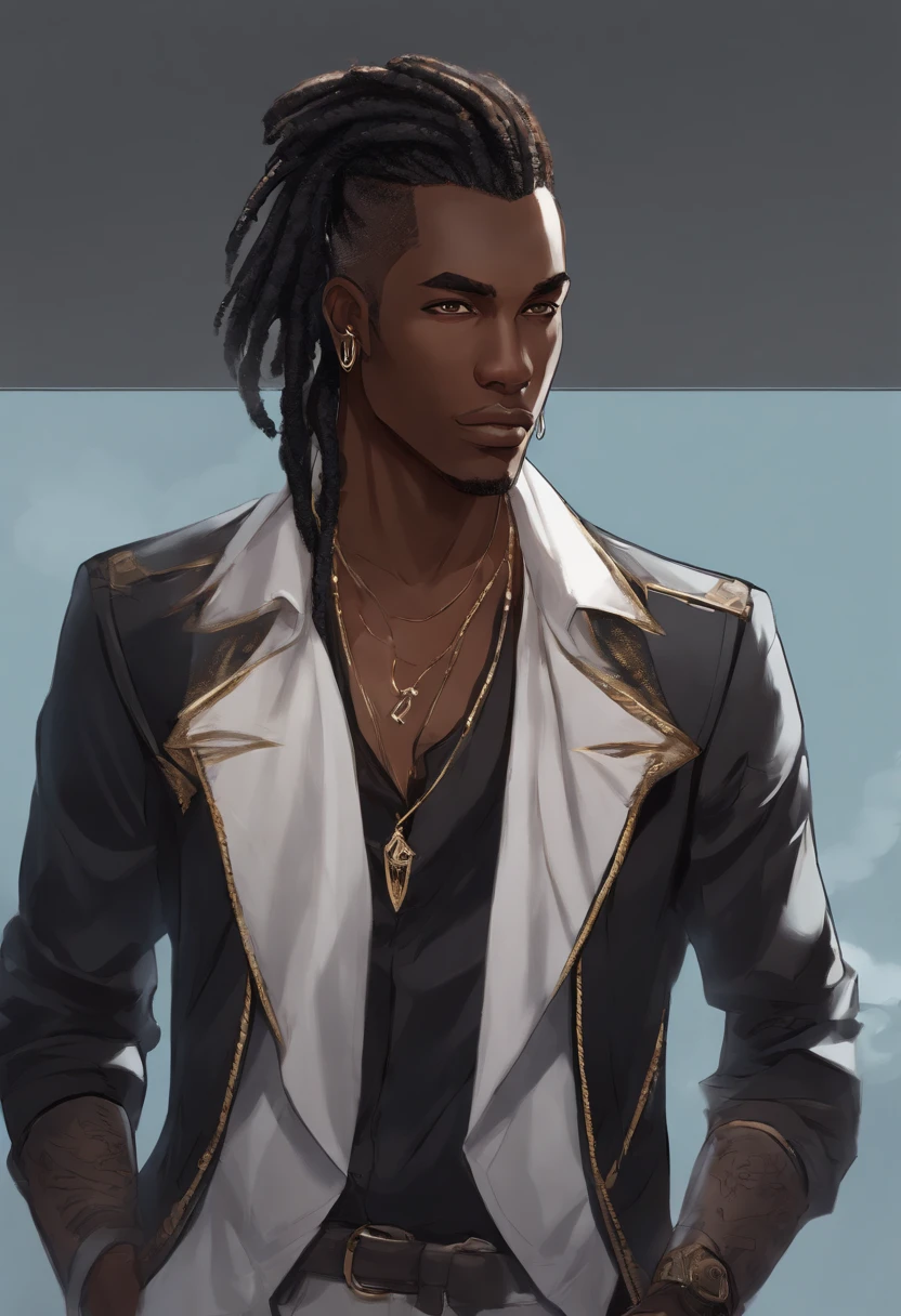 Dark skinned young man with blue eyes and a black jacket, light blue dreadlocks, dreadlock style hair, in an anime style, colored sketch, unrealistic character concept, character concept portrait of me, detailed character portrait, anime style character, anime style portrait, a character portrait, cel - shaded art style, His attire consists of a black, unbuttoned blazer with gold colored buttons on the front of the blazer and on the bottom of his sleeves and he wears a white v-neck shirt, white pants, a large black belt with a gold buckle, a smaller black belt that hangs loose on the side of his hip, and has on tan shoes with black buckles, inspired by King of Fighters