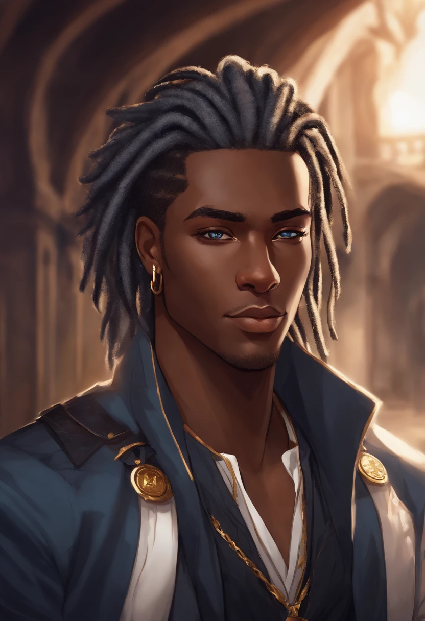 Dark skinned young man with blue eyes and a black jacket, light blue dreadlocks, dreadlock style hair, in an anime style, colored sketch, unrealistic character concept, character concept portrait of me, detailed character portrait, anime style character, anime style portrait, a character portrait, cel - shaded art style, His attire consists of a black, unbuttoned blazer with gold colored buttons on the front of the blazer and on the bottom of his sleeves and he wears a white v-neck shirt, white pants, a large black belt with a gold buckle, a smaller black belt that hangs loose on the side of his hip, and has on tan shoes with black buckles, inspired by King of Fighters