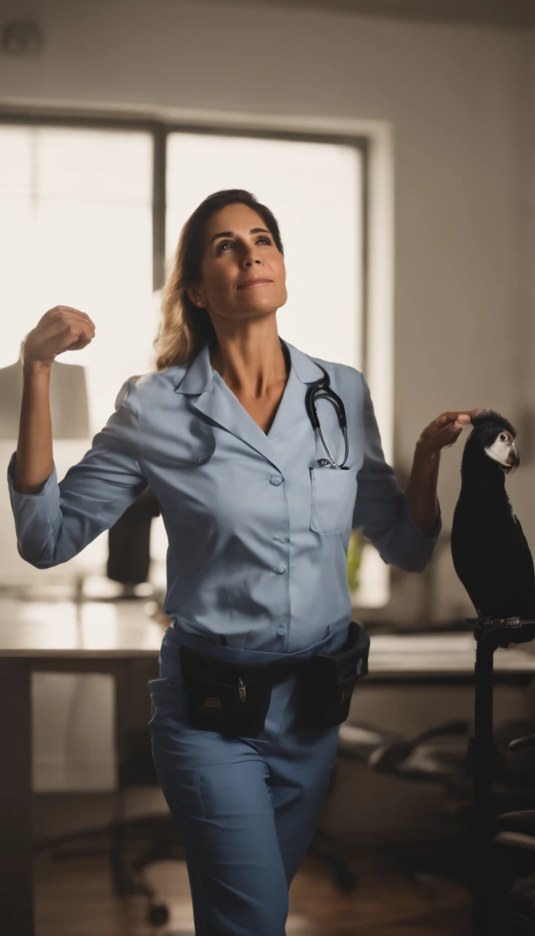 In the office was a woman, a medical doctor and nutrition specialist, standing on his back, not being able to see his face, seus capelos preto pouco caramelizado, amarrados no estilo rabo de cavalo , ela estava pensativa, Foto no estilo de empresario de capa para, demonstrate to the professional that she is, sua sala bem iluminada e muito bem decorada.