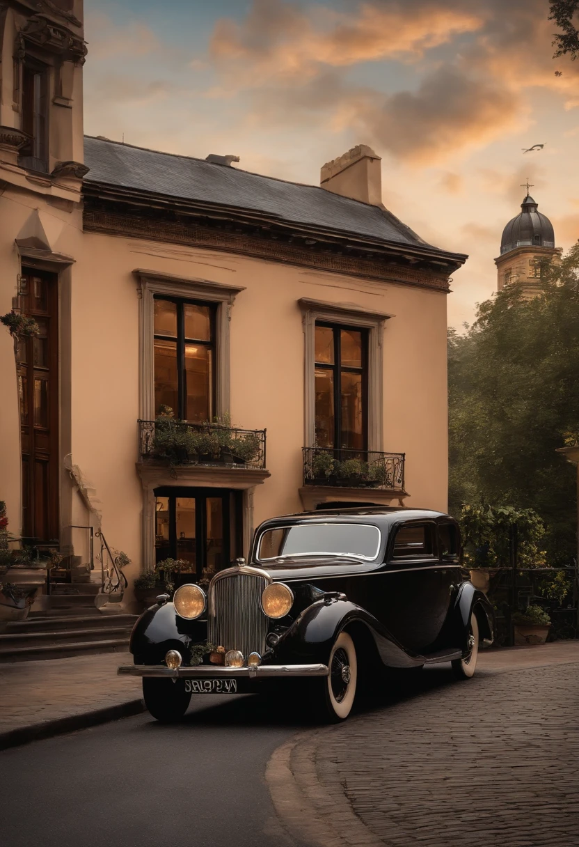 Produza uma alta qualidade, imagem ultra-detalhada que lembra uma obra-prima da era vitoriana. Nesta cena, retratam um homem lindamente vestido dos anos 1940,next to a Ford car surrounded by the ambience of a Victorian city. Emphasize the use of volumetric lighting that breaks the scenery. Create a dynamic composition rich in detail and color, including iridescent tones that bring a sense of magic to the scene. Crie uma atmosfera, Dreamy painting focusing on Victorian-style watercolor techniques in Turner style .