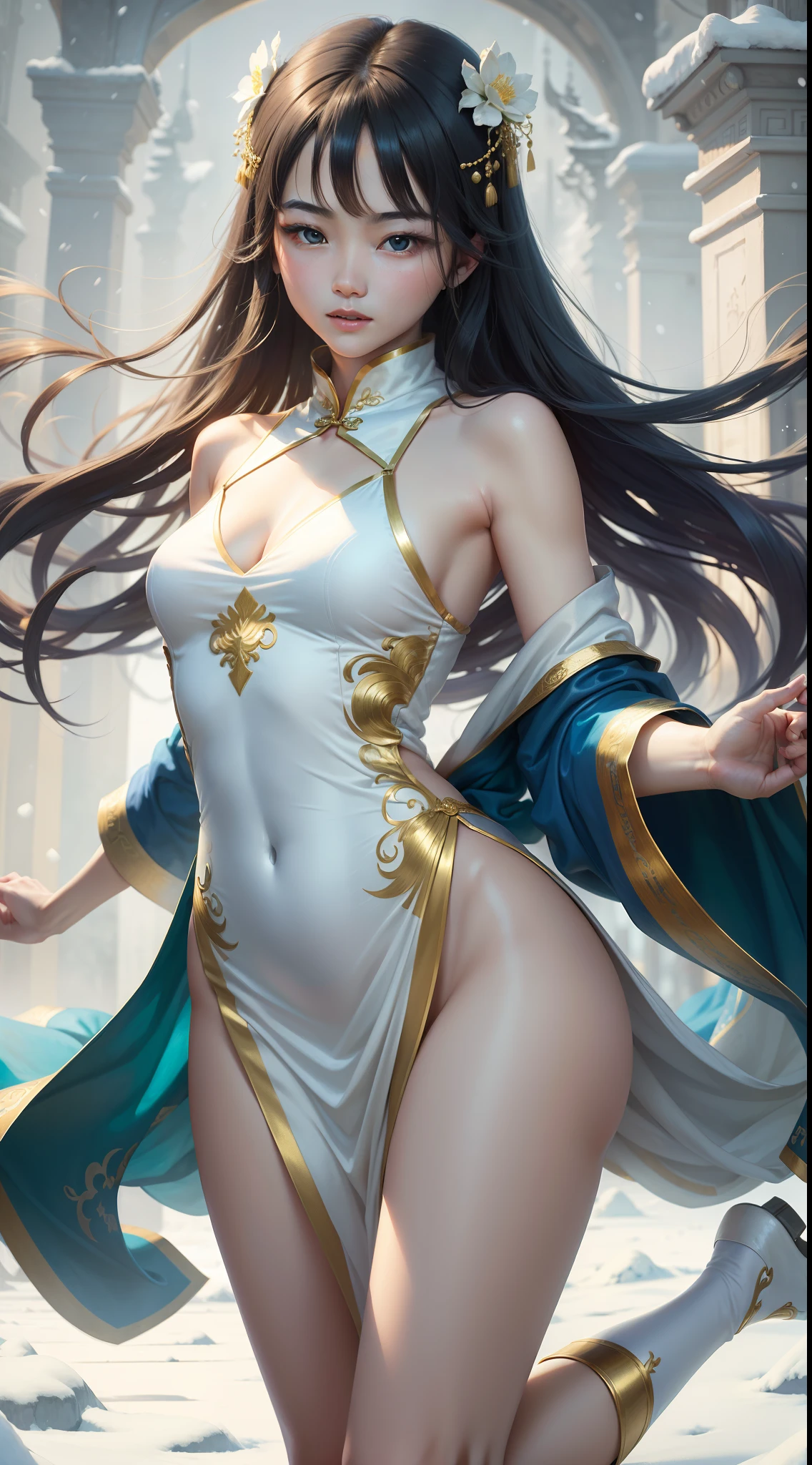 Masterpiece, Best quality, Realistic, (1 Chinese girl: 1.3), Blue, gold, white clothes, Long hair with a shawl, jump, leap, Dance, Green, gold, white clothes, Long slip dress, Snow-whiteskin, Bare shoulders, full bodyesbian