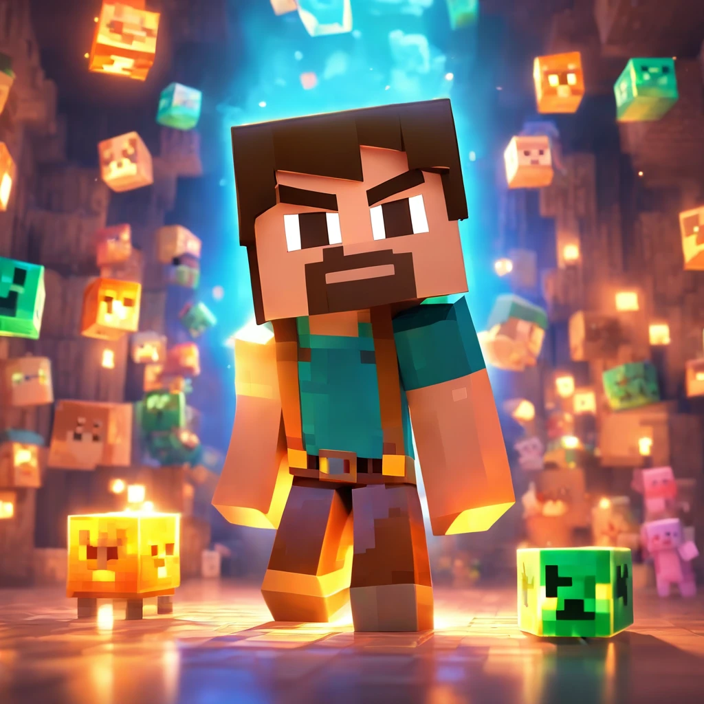 (Estilo Pixar),Modelo de quarto pequeno aconchegante, Modelo de personagem em miniatura, fonte de luz da direita para a esquerda, Rum lighting, fonte de luz da direita para a esquerda, (ISO distance vision), (de cima para baixo), Realistic proportions, Post-processing, ((perspectiva ortogonal)), Super Detalhe, Realistic, super realistic, photoreal render, Cor irridescent, Glitters, Minecraft: Steve.