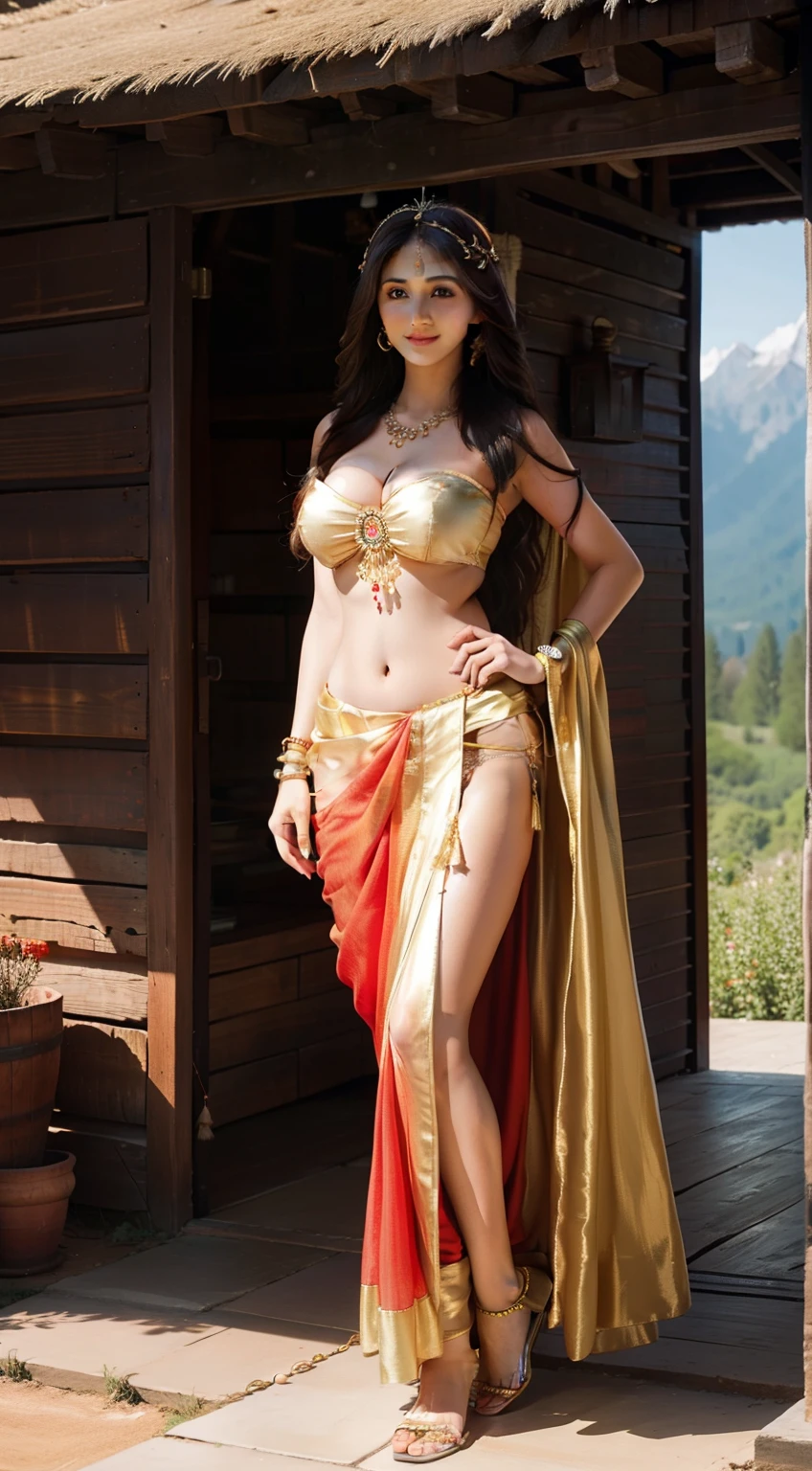 Lucy Pinder as a pretty indian princess, young, beautiful, large eyes, long eye lashes, long dark brown flowing hair, wearing bindi, long earrings, heavy golden necklace, wearing a strapless red bra and a transparent silk dhoti, smiling, large breasts, deep cleavage, standing in a garden, mountains in background, photorealistic, high resolution, full body front view