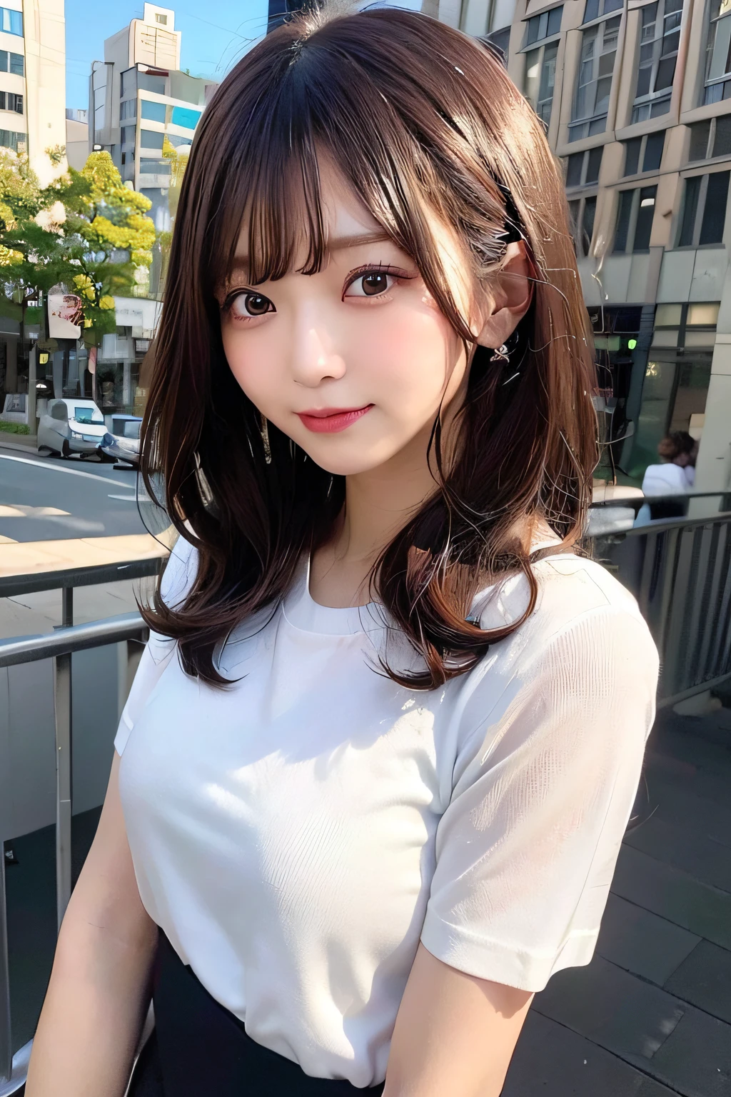 ((Best Quality, 8K, masutepiece :1.3)), Whole body, Sharp Focus :1.2, A pretty woman with perfect figure :1.4, Slender Abs :1.2, ((dark brown hair, Big breasts :1.2)), Body dress :1.1, (Night City View, Modern balcony :1.1), Highly detailed face and skin texture, Detailed eyes, 二重まぶた, Small bust, OL Uniform, Office wear, White T-shirt, Exposed cleavage, (Black pantyhose), (), Interior Scene, In the park