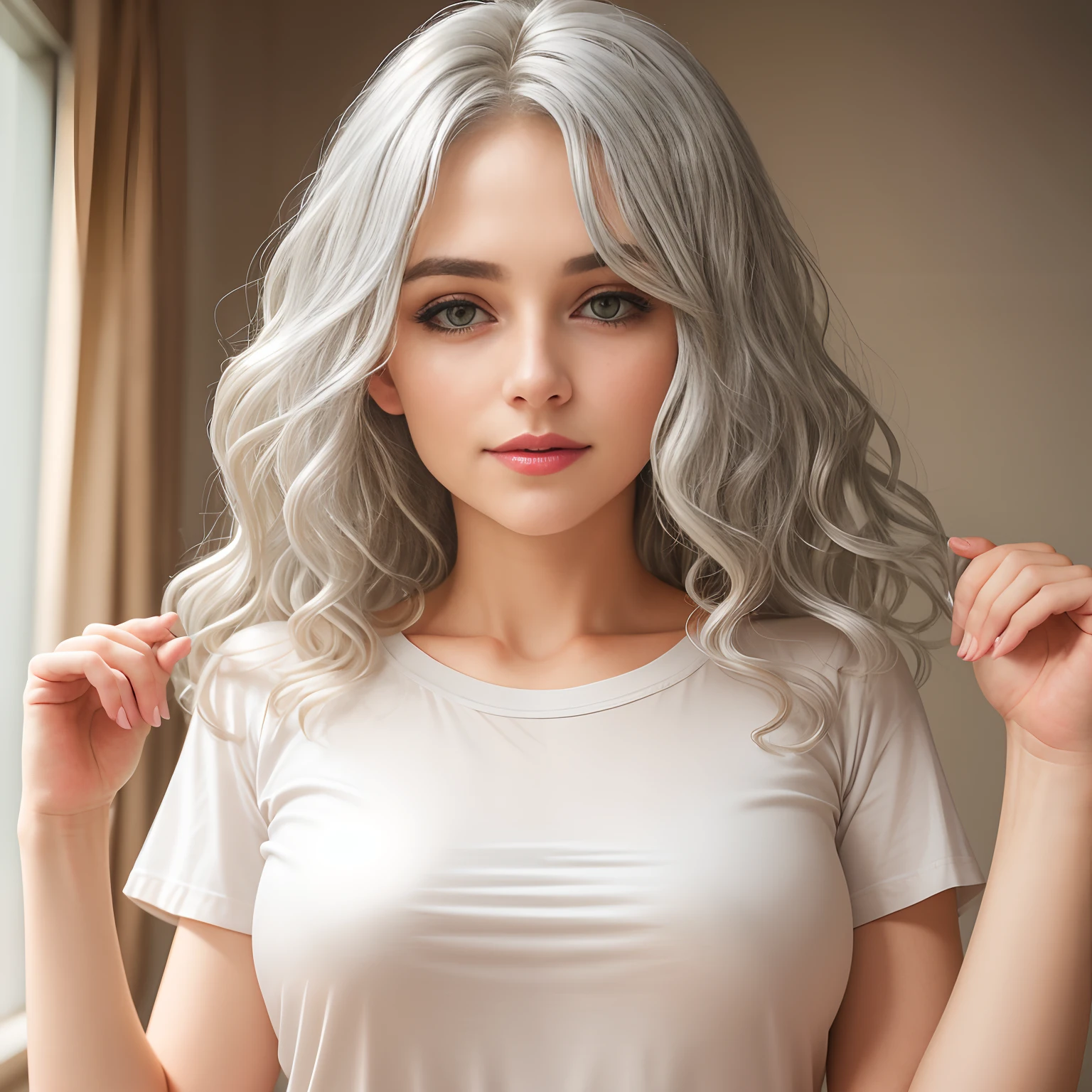 portrait of a beautiful young woman, ((silver hair)), wavy hair, small breasts, in bedroom, tee shirt, symmetrical, simple background, ultra high res, 8k