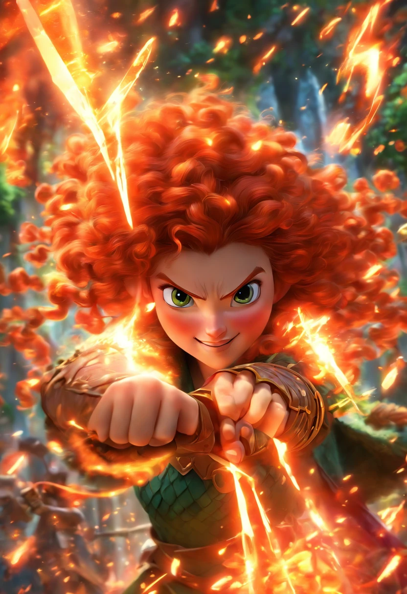 Merida do Valente, cachos vermelhos fluindo, habilmente enfiando uma flecha em seu arco.