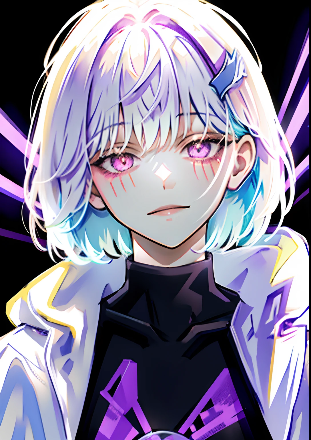 detailed background, masterpiece, best quality, smile, short hair, white hair, purple eyes, smile, hoodie, portrait, neon, graffiti, dark, night, glowing eyes, blacklight