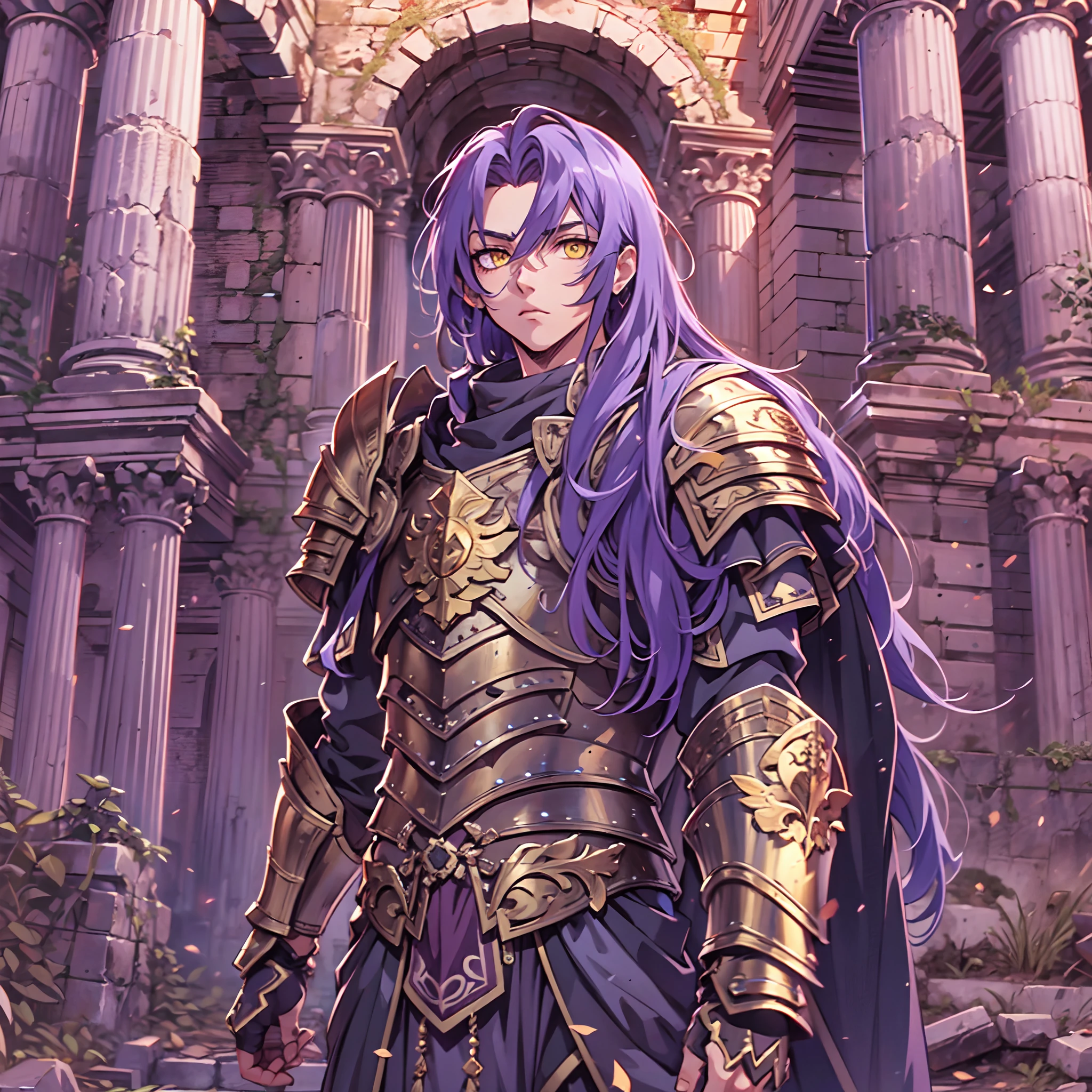 Ultra High Definition,
Ultra High Quality,
Hyper Definition,
Hyper Quality,
Hyper Detailed,
Extremely Detailed,
Perfectly Detailed,
8k,
1 Boy,
Anime,
Long Purple Hair,
Under Cut Hairstyle,
Solid Yellow Eyes,
Handsome,
Armored With Roman Emperor Armor,
Ancient Roman Empire Ruins Background,