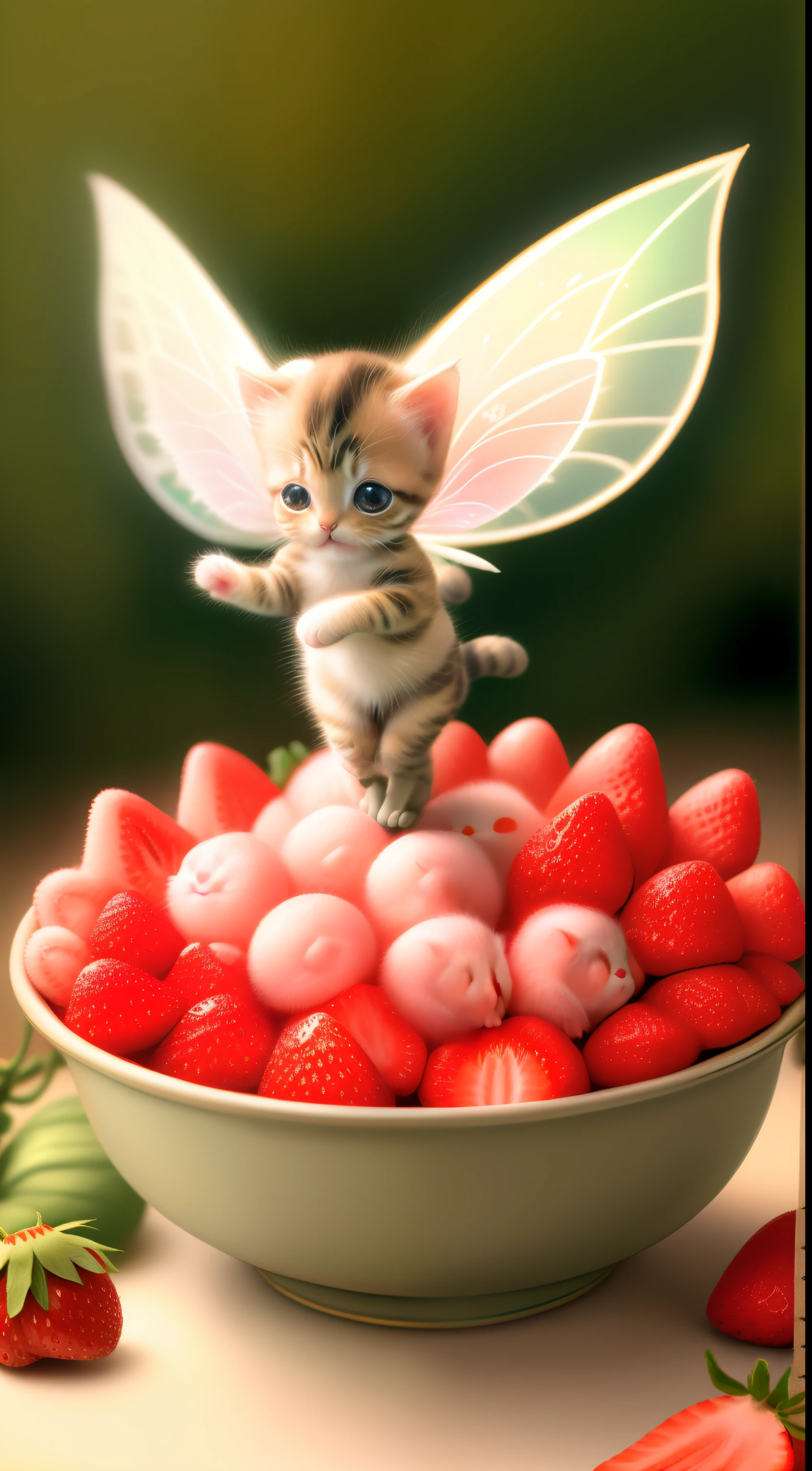 ​masterpiece、realistic、cute kittens、Small as a fairy、Being on strawberries