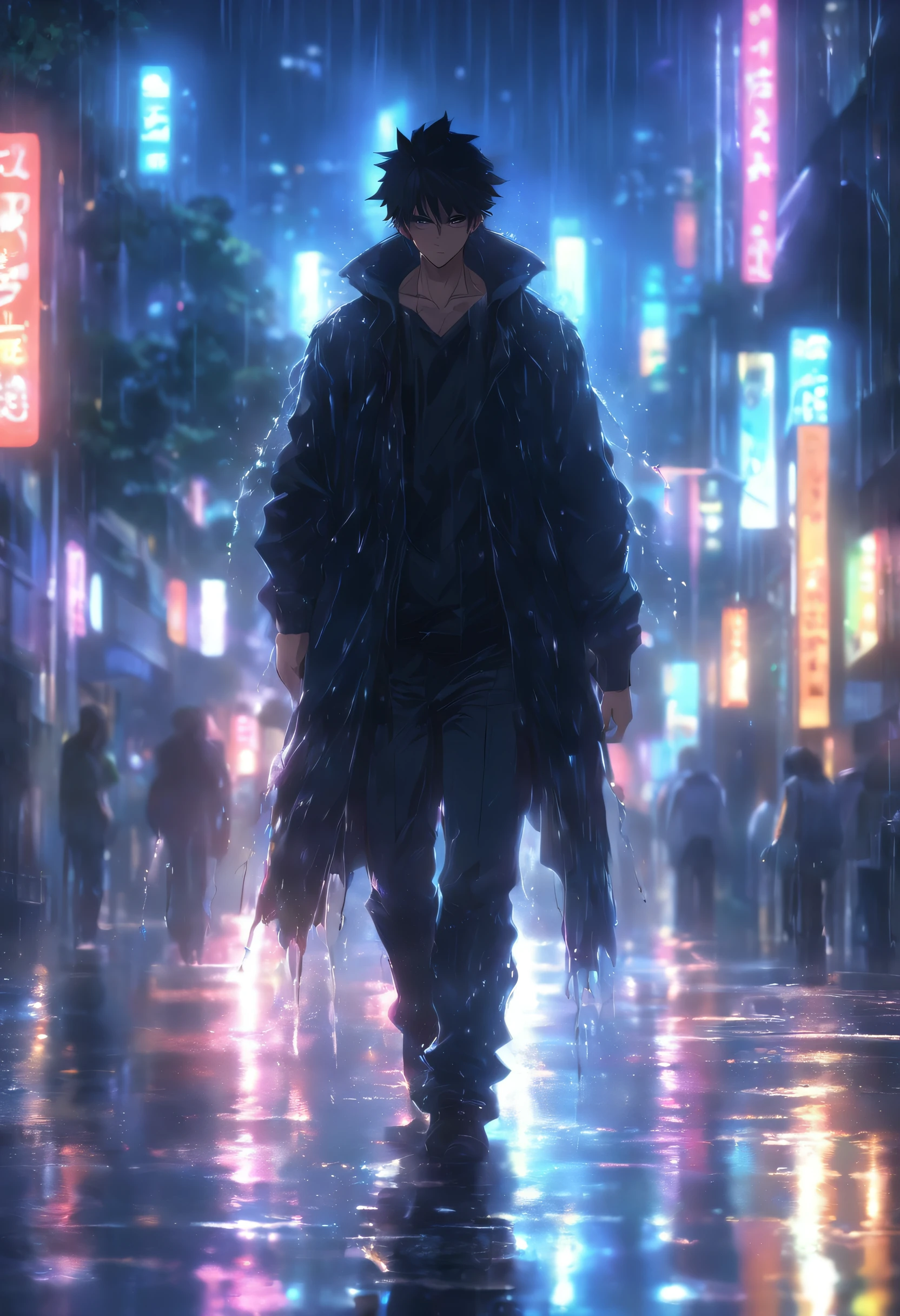 A man walking on a rainy day, ray tracing, wet black clothes, gloomy dark lighting, high-quality, ultra-detailed, realistic, dark portraits, HDR, intense colors, wet streets, reflections of lights in puddles, cinematic atmosphere.