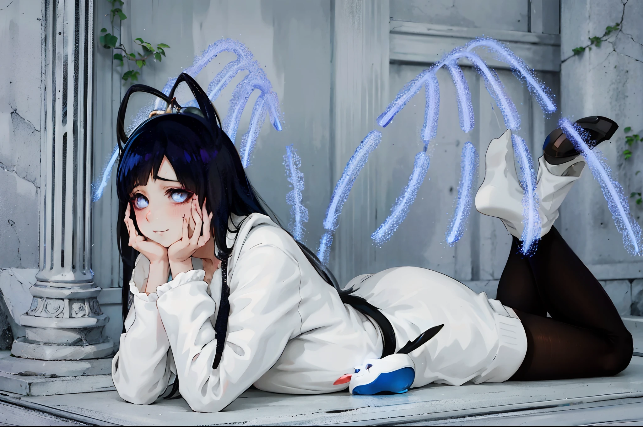 there is a woman laying on the floor with her head resting on her hands, albedo from overlord, mayuri shiina from steins gate, albedo from the anime overlord, anime cosplay, ahri from league of legends, anime girl cosplay, ahri, cosplay photo, albedo, cosplay, professional cosplay, inspired by Jin Homura