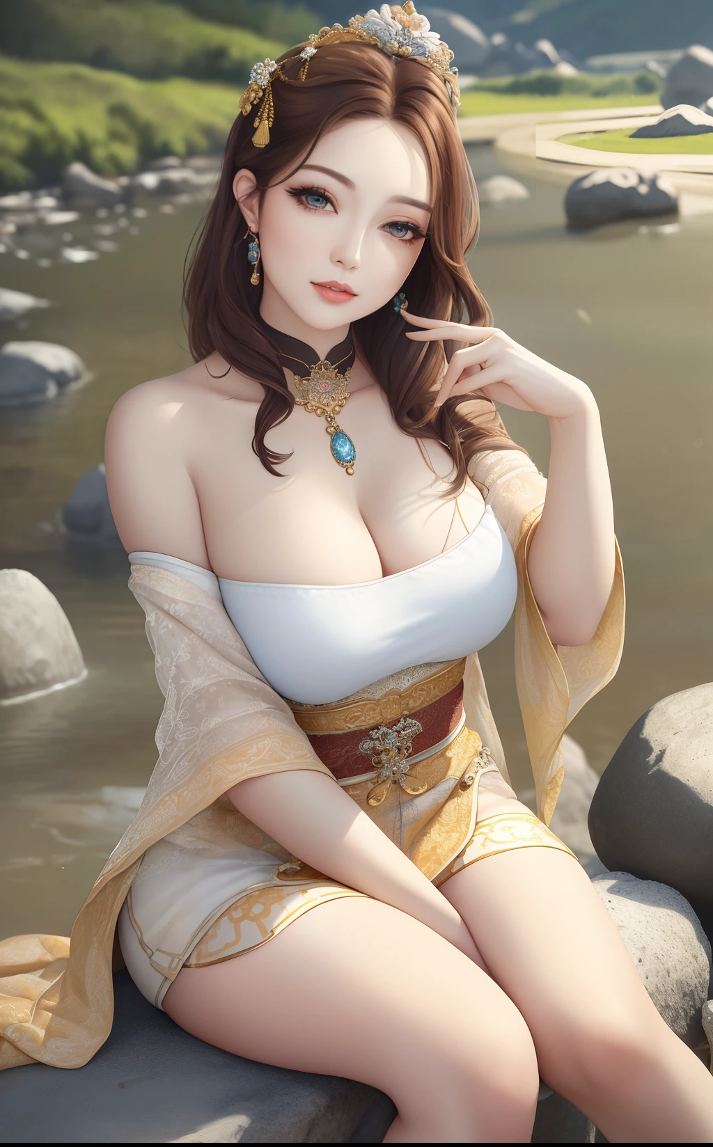 (best quality, masterclass, high resolution:1.2), oil painting, beautiful detailed eyes, detailed lips, long eyelashes, brown hair, exquisite jewelry and hairpin, ample bosom, by the riverside with rocks, temple or bridge, stunning outfit, sitting posture, (Song Dynasty, Song-style attire:1.2), charismatic expression, soft lighting, vibrant colors.