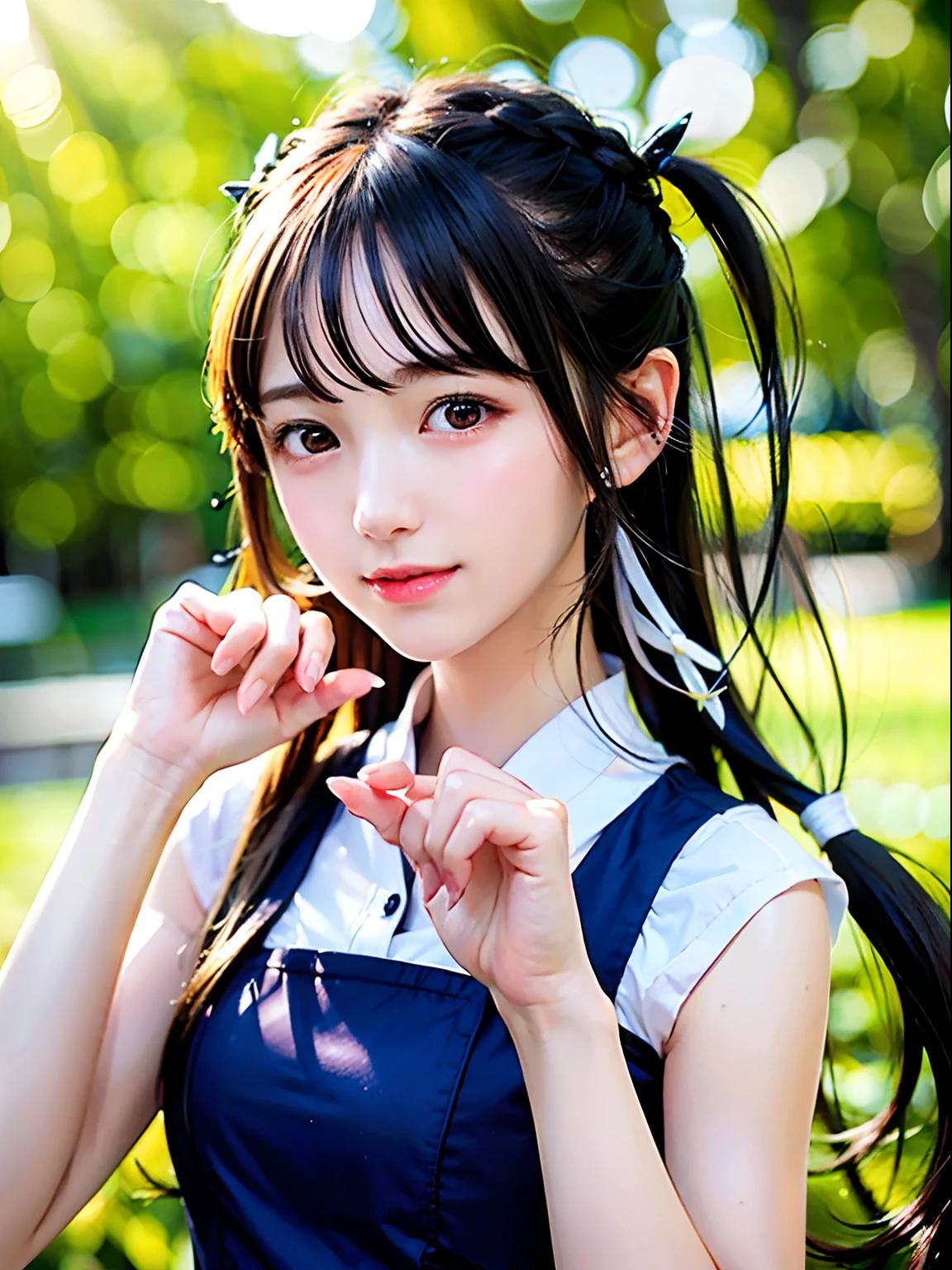 (Close up portrait of twin-tailed hair girl with slender small breasts in summer uniform:1.3)、(without background:1.3)、(tre anatomically correct:1.3)、(complete hands:1.3)、(complete fingers:1.3)、Photorealsitic、Raw photography、masutepiece、top-quality、Hi-Res、delicate and pretty、face perfect、Beautiful detailed eyes、Fair skin、Real Human Skin、pores、((thin legs))、(Dark hair)
