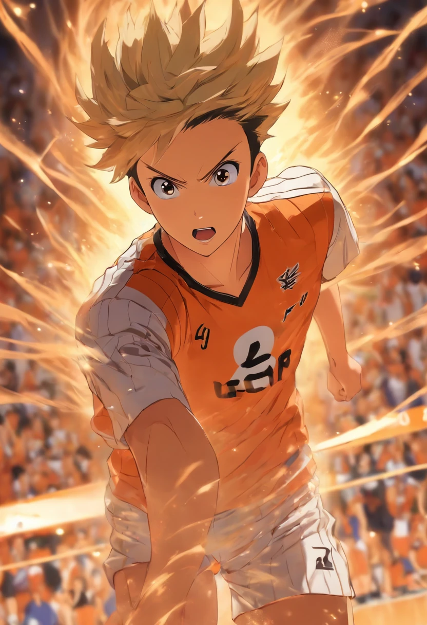 Yuu Nishinoya ,solo,1boy, masterpiece, best quality, ((1man)). ((aged up)), haikyuu!! nishinoya_yuu highres ,ball black_hair (blonde_hair) brown_eyes clothes_writing, feathers footprints karasuno_volleyball_uniform male_focus multicolored_hair orange_shirt parted_lips playing_sports shirt short_hair solo (streaked_hair) sweat two-tone_hair upper_body volleyball (volleyball_uniform) (volleyball court)