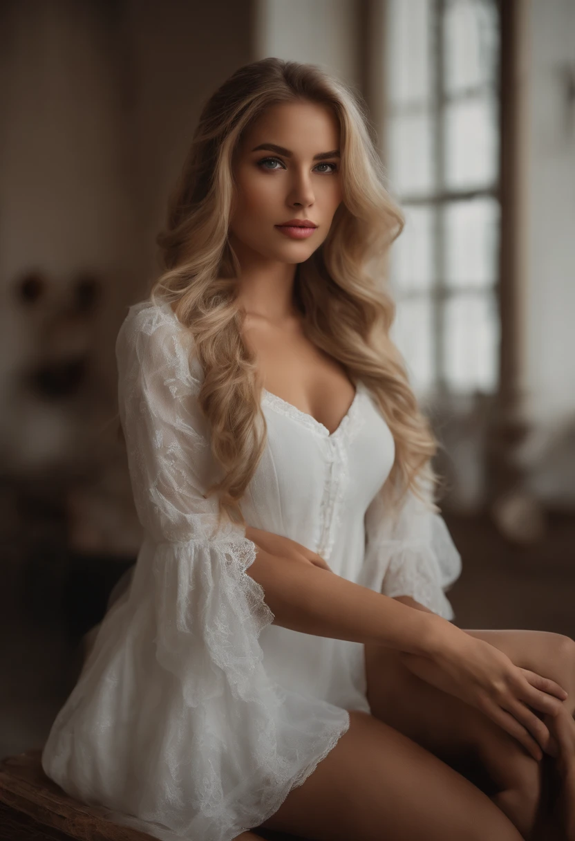 (best quality,4k,8k,highres,masterpiece:1.2),ultra-detailed,(realistic,photorealistic,photo-realistic:1.37),beautiful blonde girl with flowing hair,alluring eyes,full lips,exquisite facial features,wearing black stockings and high heels,posing with a seductive look,sitting gracefully on a plush bed,inside a dimly lit room illuminated by flickering candles,with a romantic and sensual ambience,showcasing elegant decor and luxurious textures,soft and warm color palette,casting gentle shadows and highlights on the girl's figure,enhancing the overall allure and mystery,creating an intimate atmosphere that exudes both elegance and sensuality.