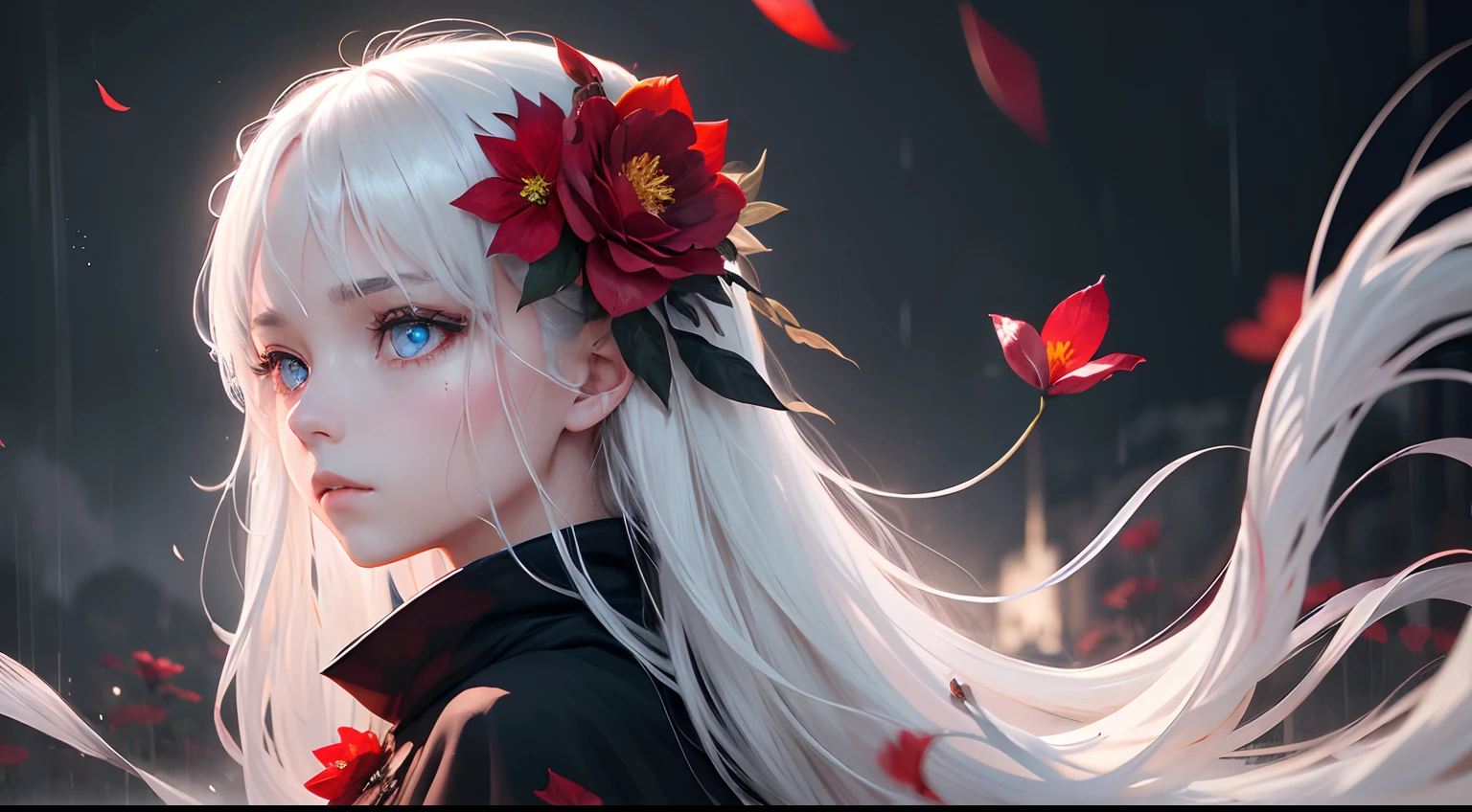 1girl,solo,1girl,solo,((beautiful detailed eyes)), (detailed light),depth of field,(white hair),silver eyes,hair over one eye,(red flower ), hair flower,long hair,black cloak,wet,emotionless,looking back,night,starfall,raining,fog,red flowers falling,sketch,upper body,intense shadows