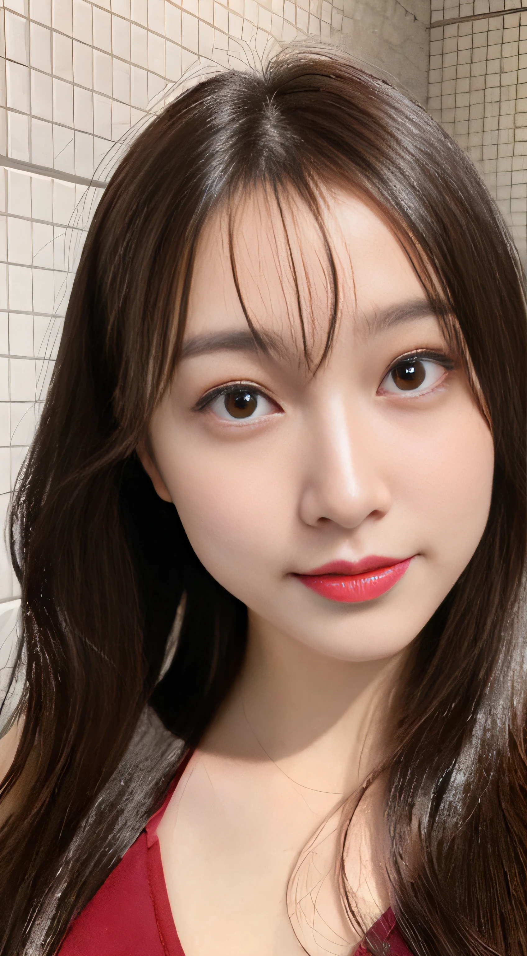 (NSFW:1.5), (NSFW:1.5), NSFW, SFW、qulity、超A high resolution、(Photorealsitic:1.4)、fully body photo、Composition from the knee up:2.0、body facing forward:2.0、Full body portrait、(Details Beautiful Girl:1.4)、(small tits:0.8)、Super small breasts、looking_at_viewer、detailed face details、beatiful detailed eyes、dark brown  hair、brown-eyed、thin、haunting smile、(makeups:0.3)、red-lips、Highly detailed school swimsuit、(ulzzang-6500-v1.1:0.3)