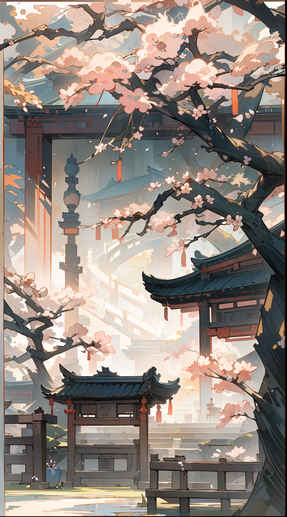 Antique Game Scene Design,A corner of Jiangnan Ancient Town,Black Night Sky,the night,starrysky,lanthanum,Big trees,florals,Flowers on the bush,Trees bloom,Sakura architecture,Antique Carved Door Beam,Chinese ink painting OC rendering sculpture