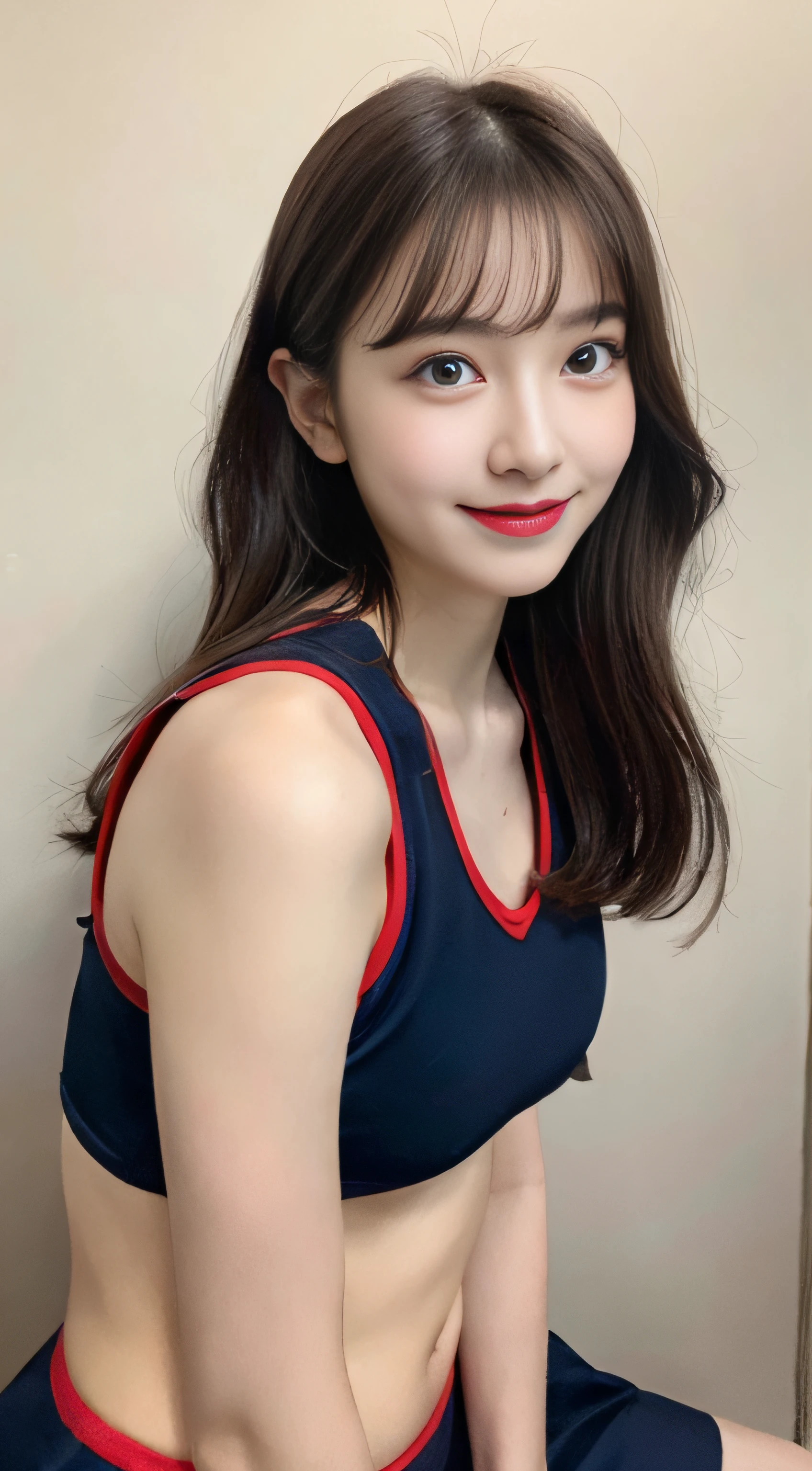(NSFW:1.5), (NSFW:1.5), NSFW, SFW、qulity、超A high resolution、(Photorealsitic:1.4)、fully body photo、Composition from the knee up:2.0、body facing forward:2.0、Full body portrait、(Details Beautiful Girl:1.4)、(small tits:0.8)、Super small breasts、looking_at_viewer、detailed face details、beatiful detailed eyes、dark brown hair、brown-eyed、thin、haunting smile、(makeups:0.3)、red-lips、Highly detailed school swimsuit、(ulzzang-6500-v1.1:0.3)