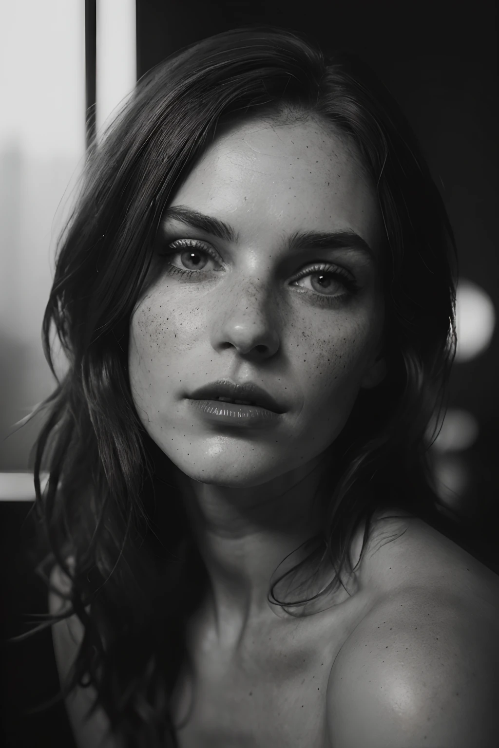 A woman named Meg has sharp angular cheekbones, full lips, and a slightly upturned nose. Her eyes are large brown and almond-shaped with a prominent crease, she has dark brown hair combed in loose waves, framing her face and reaching down to her shoulders, ((she is in a very suggestive pose)), captivating, dark lipstick, dramatic light, freckles, hyper-detailed photorealistic, spot lighting, photorealism, edge light (high contrast) Sharp focus