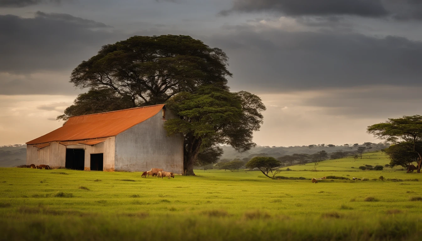 fazenda com fileira de paineis solares elevados, com bovinos pastando em baixo