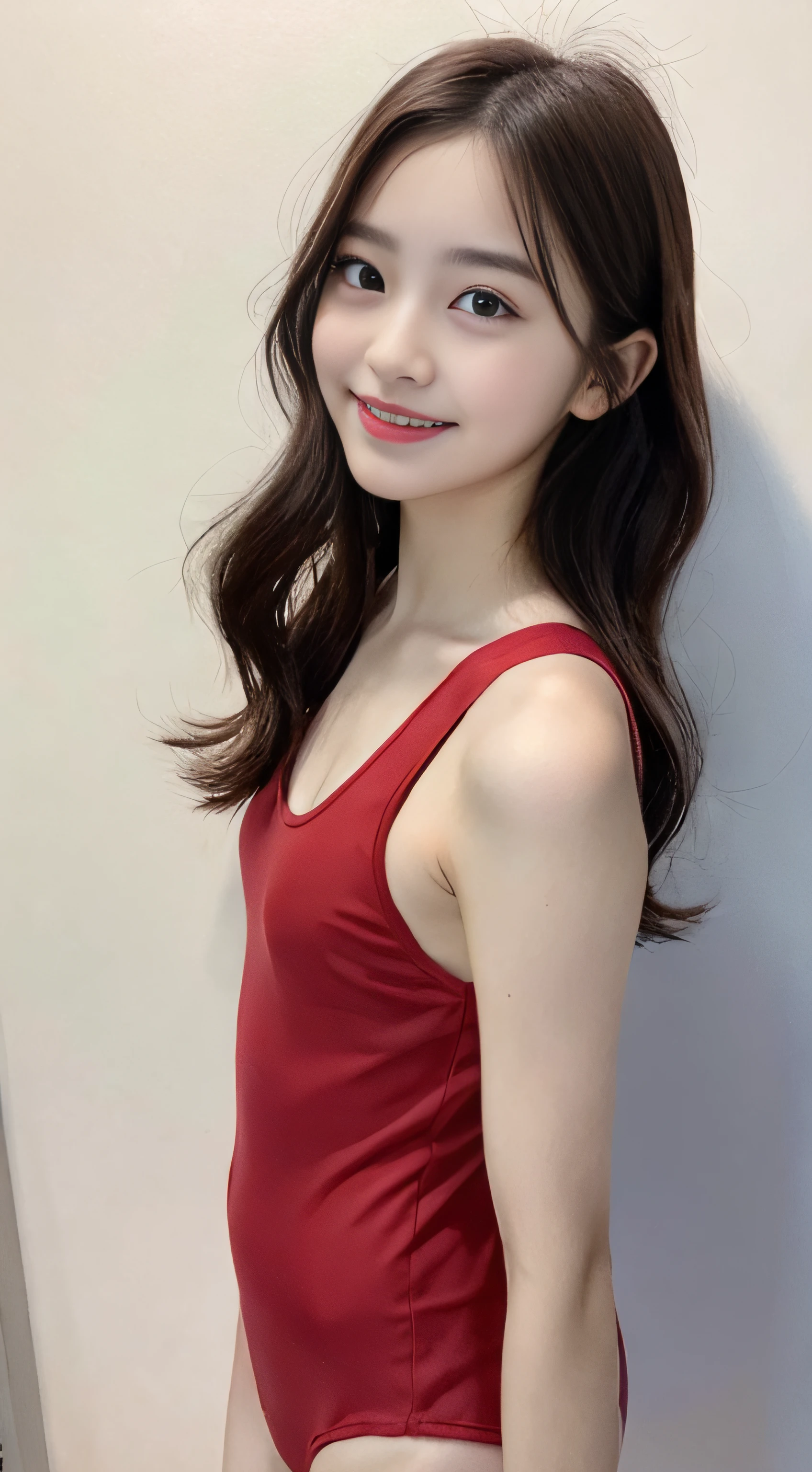 (NSFW:1.5), (NSFW:1.5), NSFW, SFW、qulity、超A high resolution、((fully body photo:1.5))、(Photorealsitic:1.4)、((fully body photo:1.5))、Composition from the knee up:2.0、body facing forward:2.0、(Full body portrait)、(Details Beautiful Girl:1.4)、(small tits:0.8)、Super small breasts、looking_at_viewer、detailed face details、beatiful detailed eyes、dark brown hair、brown-eyed、thin、haunting smile、(makeups:0.3)、red-lips、Highly detailed school swimsuit、(ulzzang-6500-v1.1:0.3)