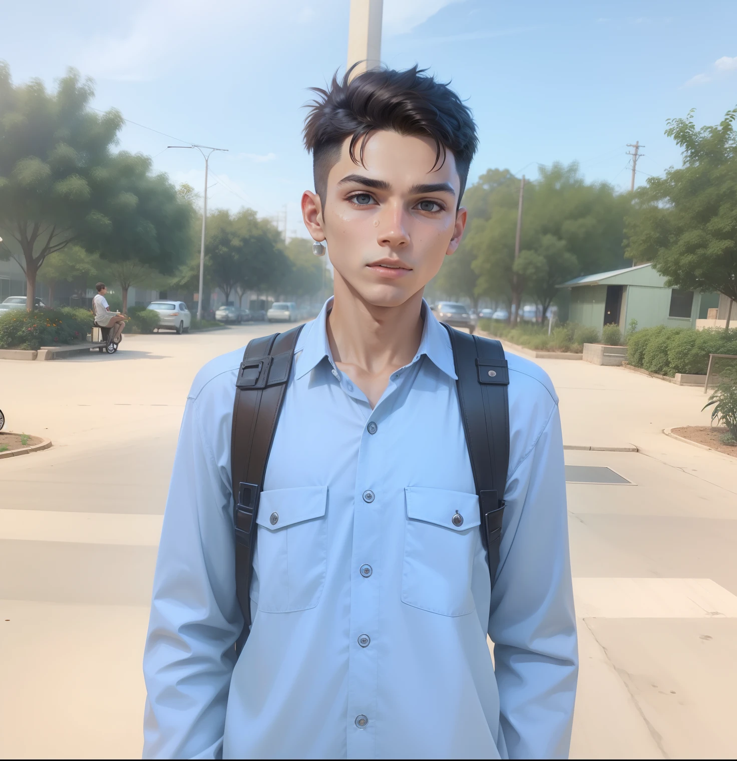 Boy with coffee futuristic bacground realistic face