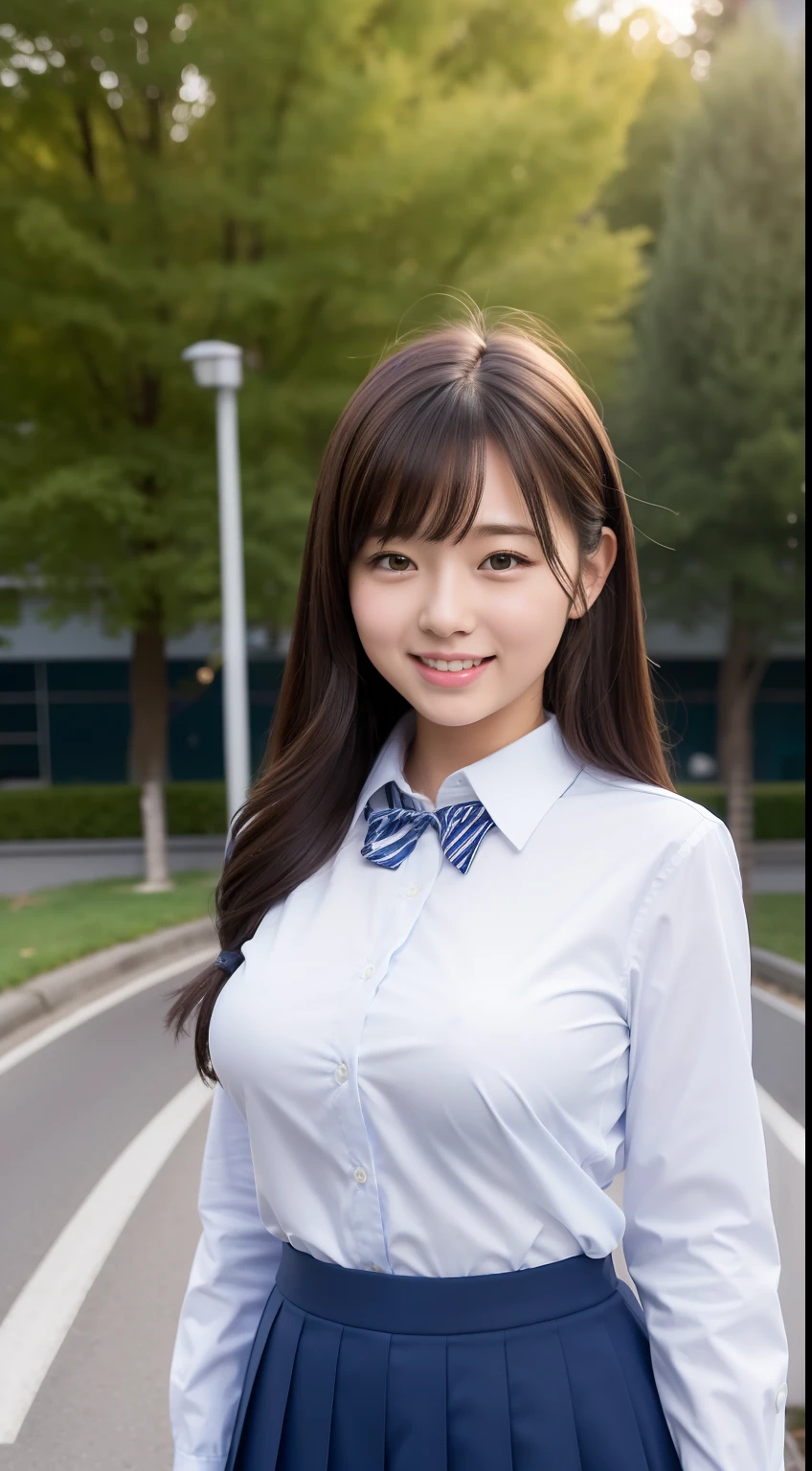 Enhanced dynamic perspective，Cute cute beautiful girl，JK school uniform，Look at me and smile，simple backgound，Works of masters，high quarity，4K resolution，super-fine，Detailed pubic hair，acurate，Cinematic lighting，Leaves the original facial proportions、large full breasts、button gap