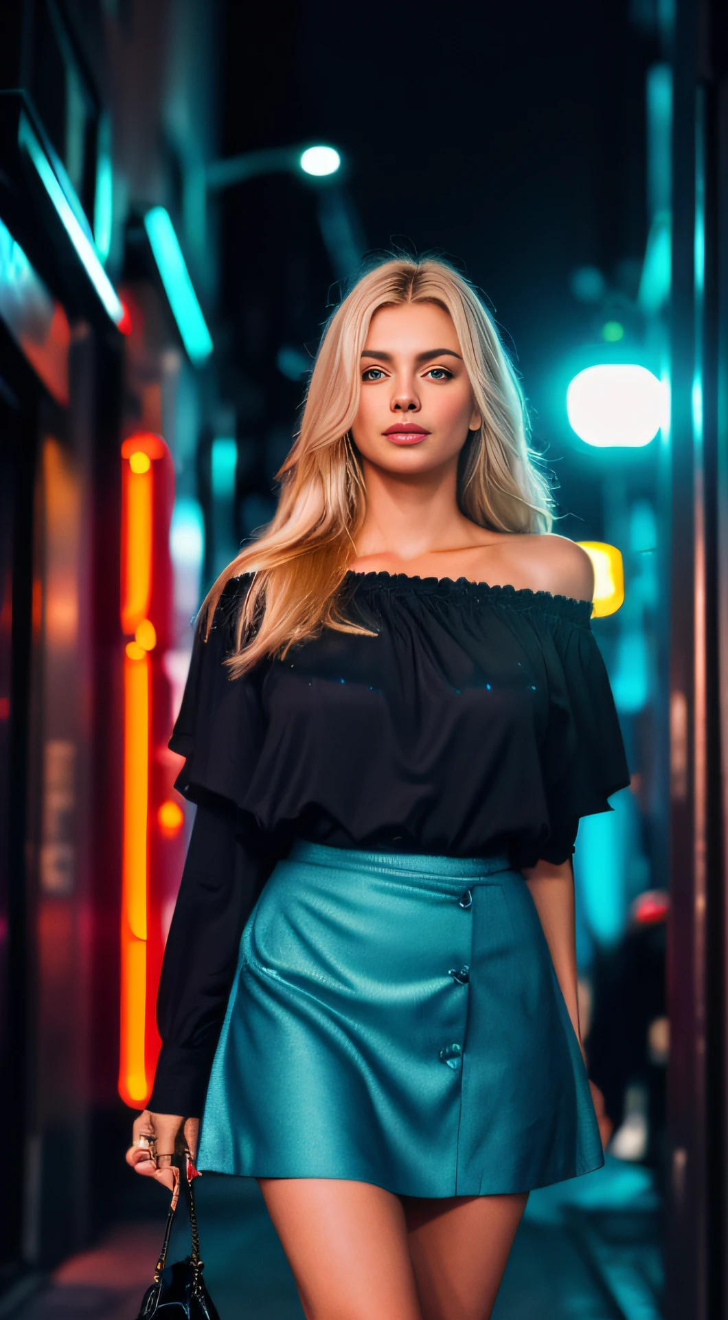 (selfie, top view: 1.4), (straight half of the body: 1.4), RAW UHD portrait photo of a 24-year-old blonde (blue-eyed woman) walking down a dark alley, large breasts,, city at night, (skirt), (neckline), details (textures! , hair! , glitter, color!! , disadvantages: 1.1), glossy eyes with high detail (looking at the camera), SLR lighting, SLR camera, ultra-quality, sharpness, depth of field, film grain (center), Fujifilm XT3, crystal clear, frame center, beautiful face, sharp focus, street lamp, neon lighting, bokeh (dimly lit), night, (night sky), detailed skin pores, oily skin, sunburn, complex eye details, full body, large breasts