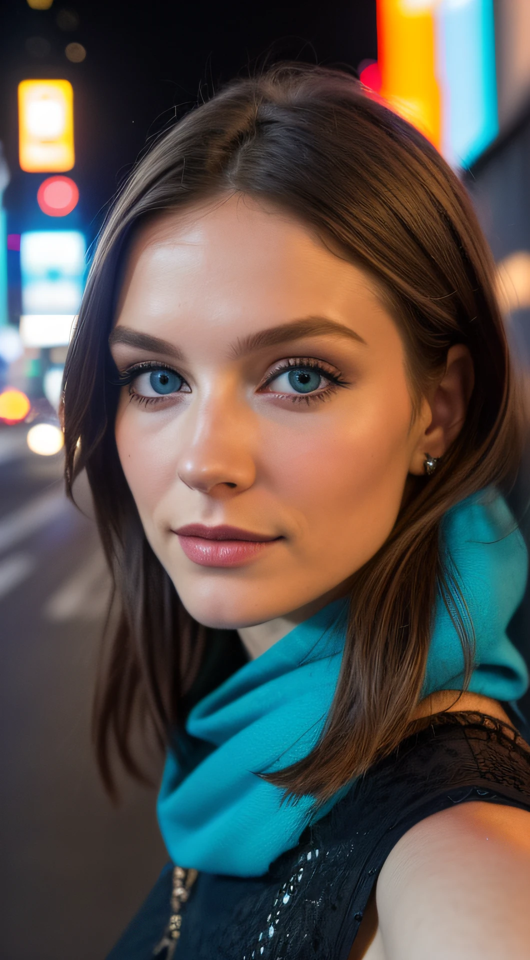 Close Up face , beautiful face, bare shoulder, Focuses on well-lit, flawless skin and often used in beauty and cosmetics advertisements.
background bokeh, building, city light, night time, neon light, ambience city light/ outdoor city scape lighting condition, high iso, film grain, high key portrait at night time with dark background, portrait using a soft box, backlit, hair light, rim light, strip light on the model