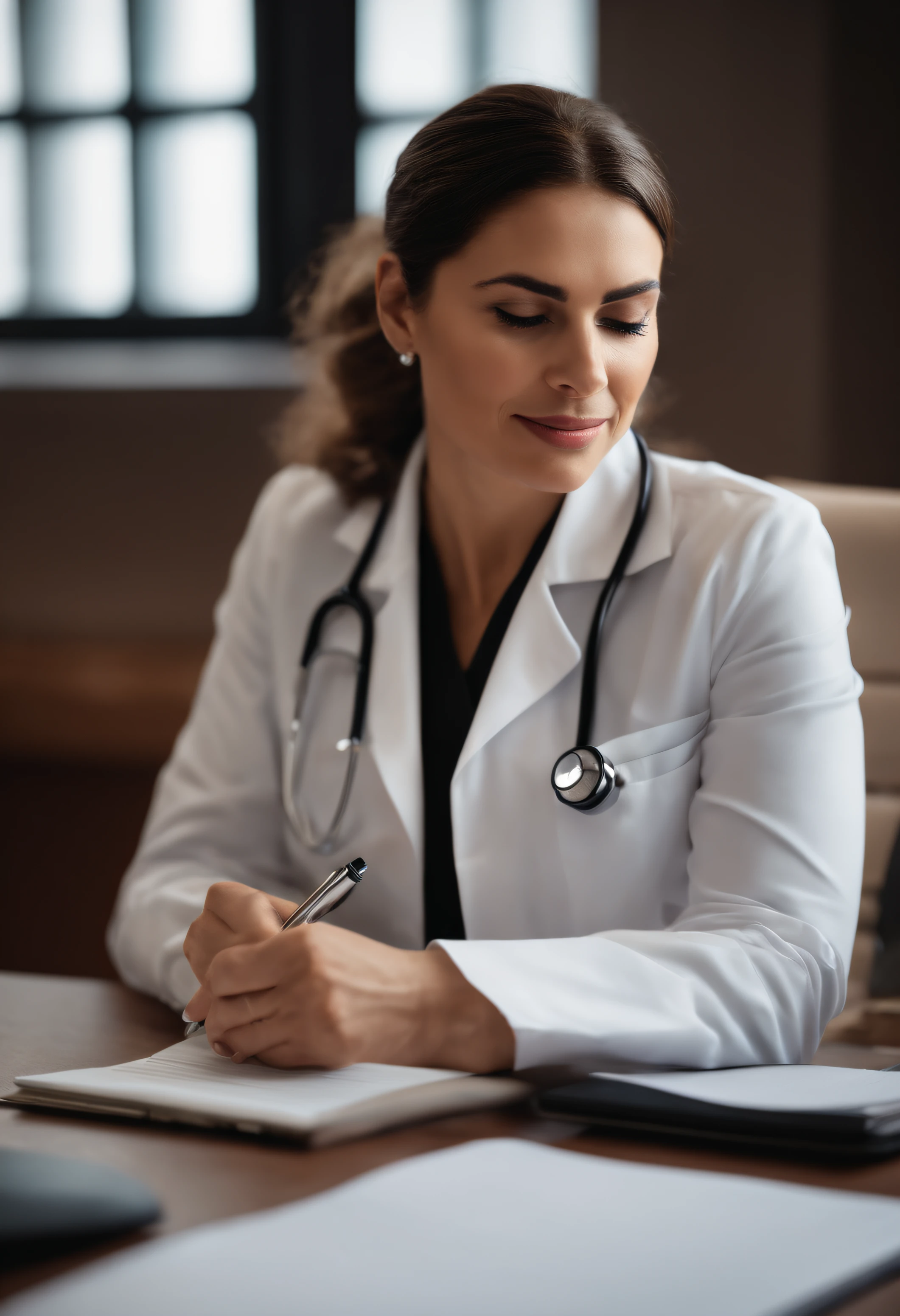 In the office was a woman, a medical doctor and nutrition specialist, sentada numa cadeira, writing on your desk medical prescriptions, Foto no estilo de empresario de capa para, demonstrate to the professional that she is, sua sala bem iluminada e muito bem decorada.