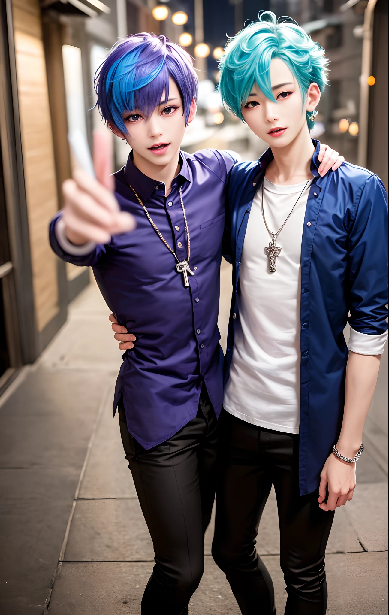 ​masterpiece, top-quality, 2Others, Male couple, 1 man and 1,, Adults, Height difference, different fashion, different color, finely eye and detailed face, intricate detailes, ?????, Casual clothing, white backgrounid, A smile, Happiness, tenderness, queers, Boys Love, high-level image quality、 selfee, Two beautiful men、tall、The upper part of the body、nightfall、nighttime scene、𝓡𝓸𝓶𝓪𝓷𝓽𝓲𝓬、Korean Male, Idol Photos, Model photo, k pop, Professional Photos, Vampires, Korean fashion with black pants and white Y-shirt, Fedoman with necklace, inspired by Sim Sa-jeong, androgynous vampire, :9 detailed face: 8, extra detailed face, detailed punk hair, ((eyes are brown)) baggy eyes, Seductive. Highly detailed, semi realistic anime, Vampires, hyperrealistic teen, delicate androgynous prince, imvu, short hair above the ears, Man with short hair, With a purple-haired man with a wild expression, Man with light blue hair with gentle expression, ((With a short-haired man with bright purple hair)), ((Man with light blue hair)), ????????????? shirt and pose
