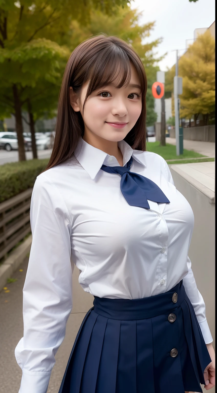 Enhanced dynamic perspective，Cute cute beautiful girl，JK school uniform，Look at me and smile，simple backgound，Works of masters，high quarity，4K resolution，super-fine，Detailed pubic hair，acurate，Cinematic lighting，Leaves the original facial proportions、(large full breasts)、((buttonGap))