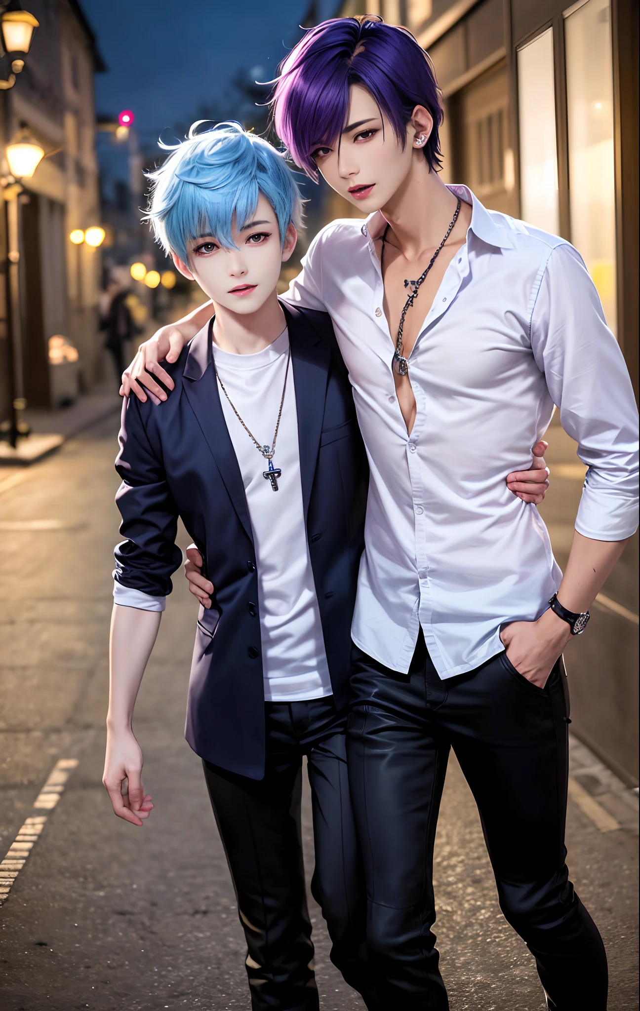 masterpiece, top-quality, 2Others, Male couple, 1 man and 1,, Adults, Height difference, different fashion, different color, finely eye and detailed face, intricate detailes, Naked, Casual clothing, white backgrounid, A smile, Happiness, tenderness, queers, Boys Love, high-level image quality、 selfee, Two beautiful men、tall、The upper part of the body、nightfall、nighttime scene、𝓡𝓸𝓶𝓪𝓷𝓽𝓲𝓬、Korean Male, Idol Photos, Model photo, k pop, Professional Photos, Vampires, Korean fashion with black pants and white Y-shirt, Fedoman with necklace, inspired by Sim Sa-jeong, androgynous vampire, :9 detailed face: 8, extra detailed face, detailed punk hair, ((eyes are brown)) baggy eyes, Seductive. Highly detailed, semi realistic anime, Vampires, hyperrealistic teen, delicate androgynous prince, imvu, short hair above the ears, Man with short hair, With a purple-haired man with a wild expression, Man with light blue hair with gentle expression, ((With a short-haired man with bright purple hair)), ((Man with light blue hair)), Take off your shirt and pose