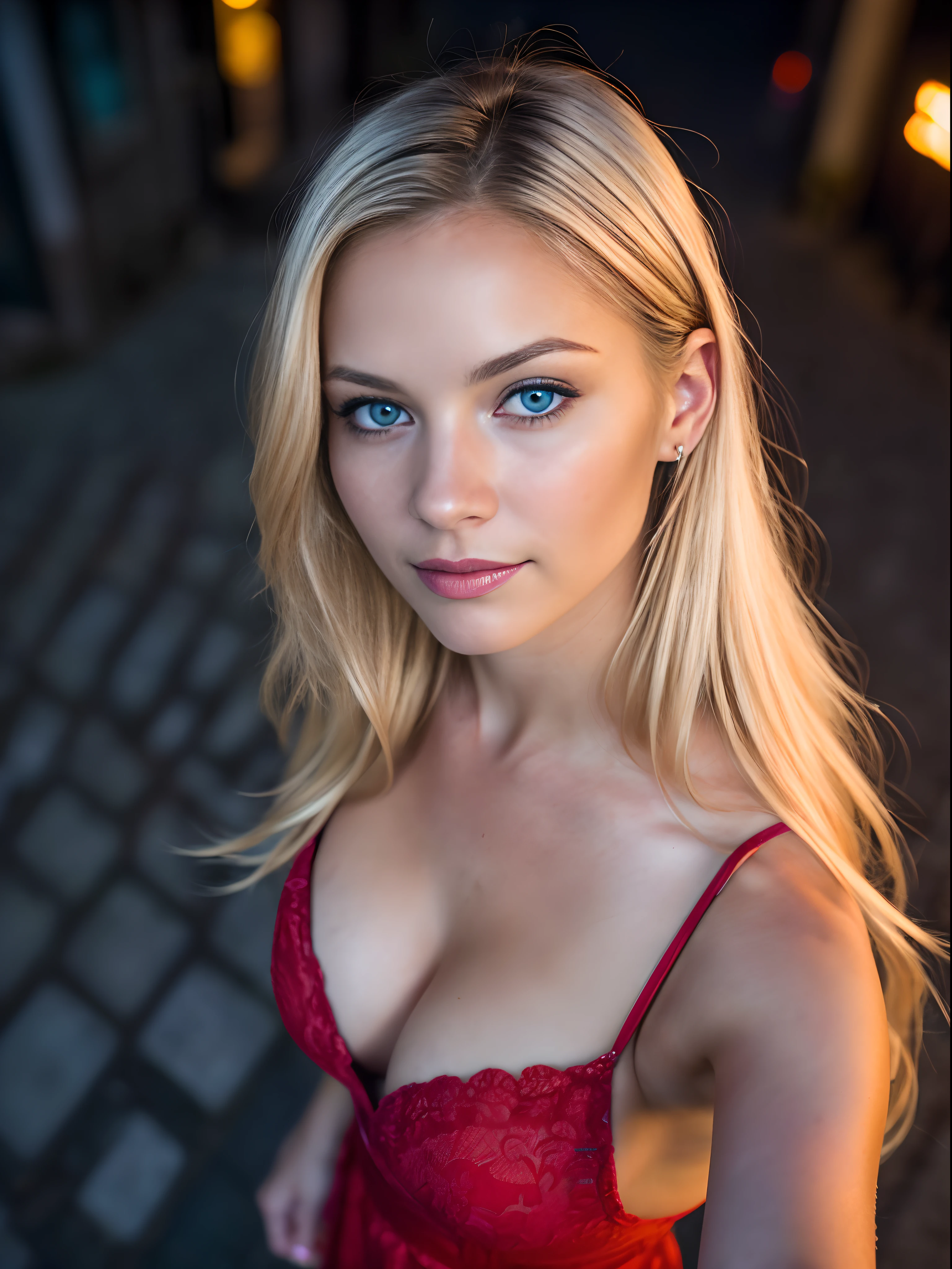 (selfie shot, from above:1.4), (half body postrait:1.4), RAW uhd portrait photo of a 24-year-old blonde (blue-eyed woman) walking down a dark alleyway, natural breasts_b, nighttime city background, (red sundress), (cleavage), detailed (textures!, hair!, shine, color!!, imperfections:1.1), highly detailed glossy eyes, (looking at the camera), specular lighting, dslr, ultra quality, sharp focus, tack sharp, dof, film grain, (centered), Fujifilm XT3, crystal clear, center of frame, cute face, sharp focus, street lamp, neon lights, bokeh, (dimly lit), low key, at night, (night sky)  detailed skin pores, oiled skin, tan, intricate eye detail