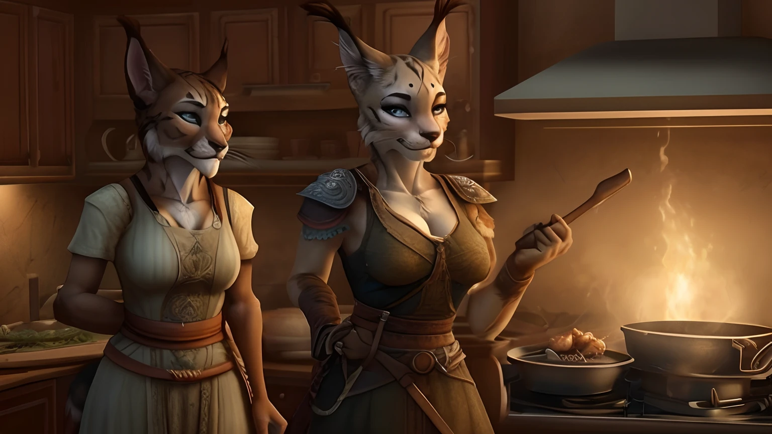 Khajiit from "the elder Scrolls", woman's, Seductive fitness body, grey fur, Lynx ears, kitchen, fantasy clothes, cooking