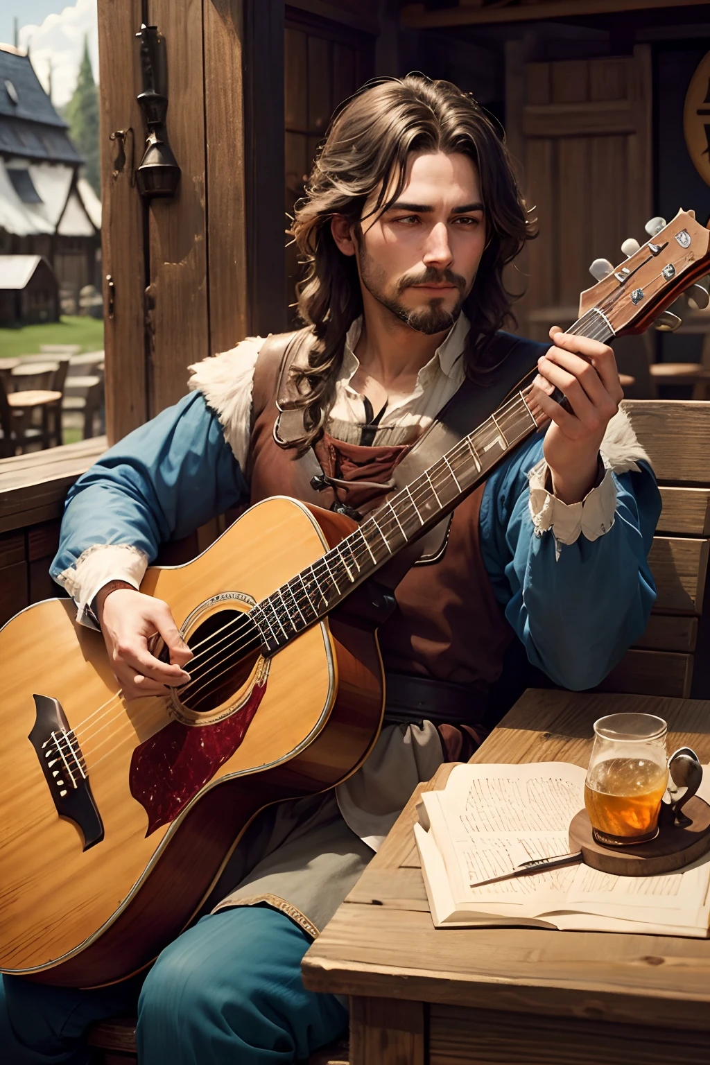 Bard with a guitar, tavern, Middle Ages