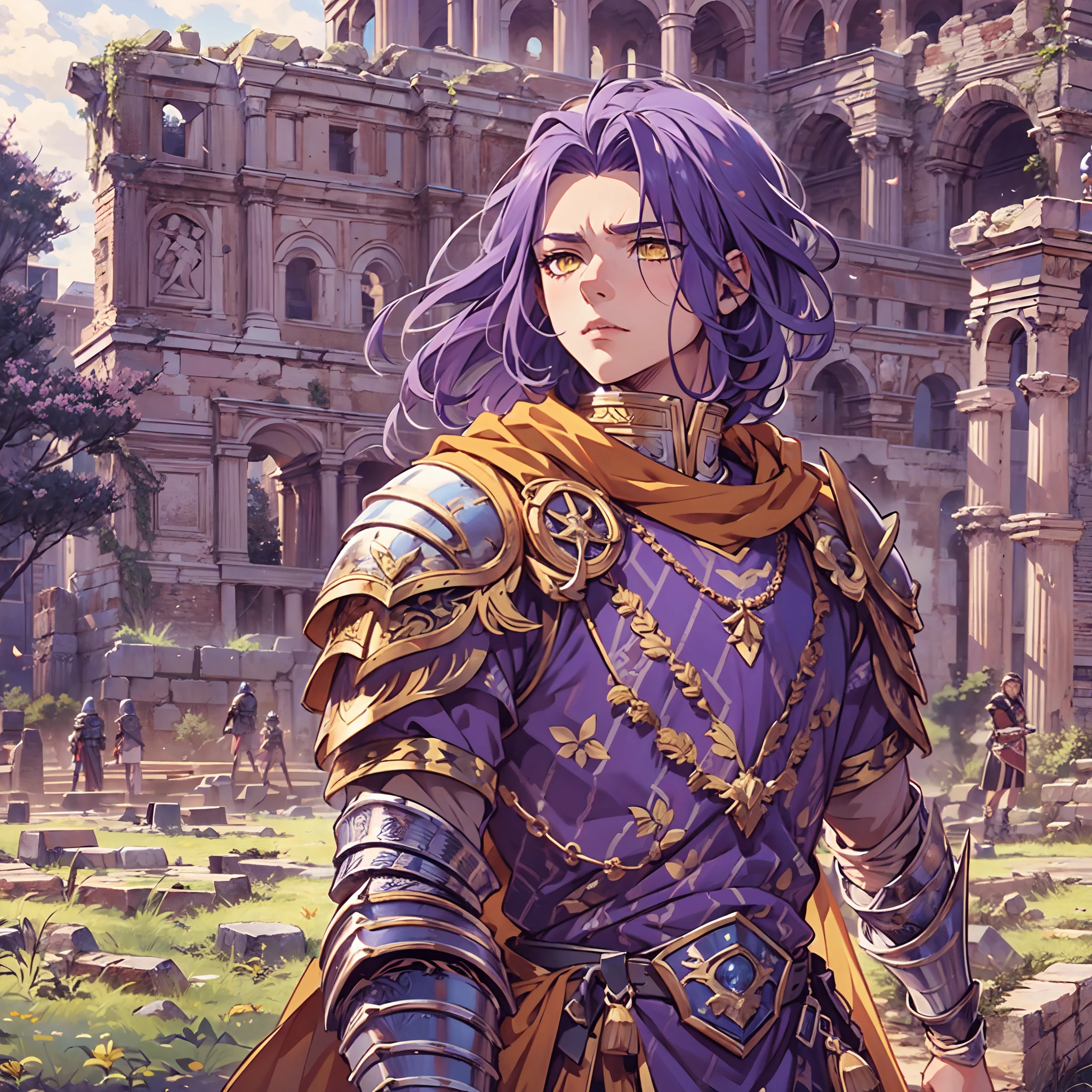 Ultra High Definition,
Ultra High Quality,
Hyper Definition,
Hyper Quality,
Hyper Detailed,
Extremely Detailed,
Perfectly Detailed,
8k,
1 Boy,
Anime,
Long Purple Hair,
Under Cut Hairstyle,
Solid Yellow Eyes,
Handsome,
Armored With Roman Emperor Armor,
Ancient Roman Empire Ruins Background,
