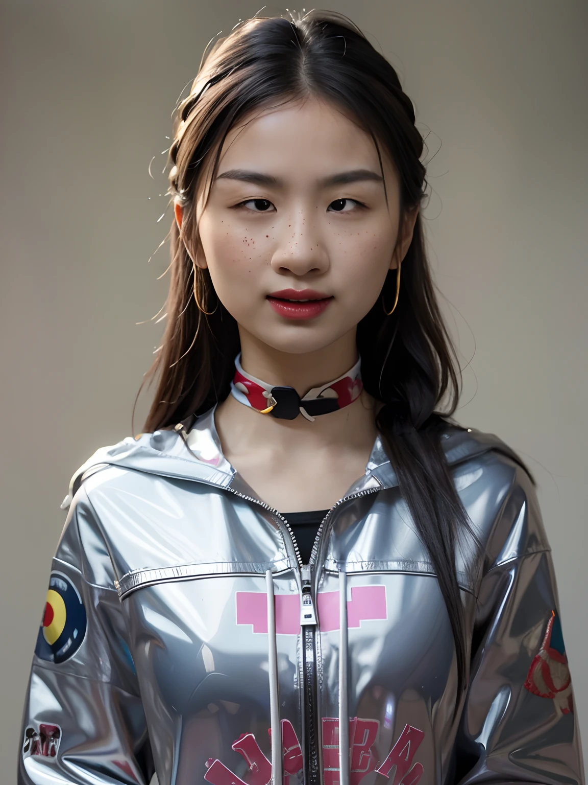ChineseGirl,Wear a PVC sweatshirt