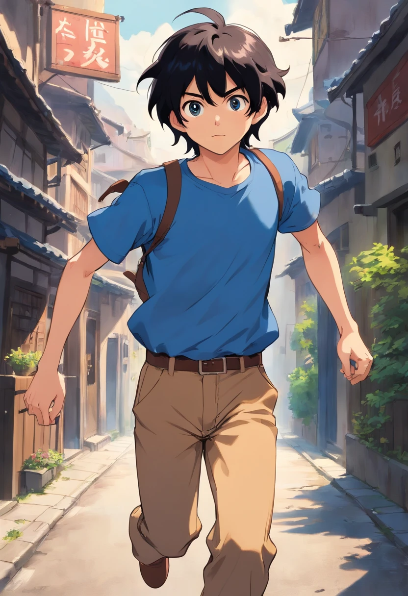 Messy black hair, indigo eyes, birthmark on his right arm with a blue t-shirt and brown pants, running.