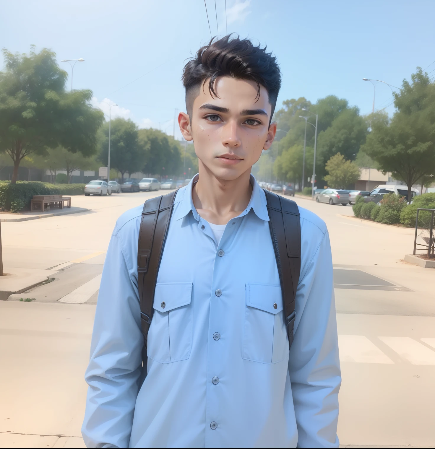 Boy with coffee futuristic bacground realistic face