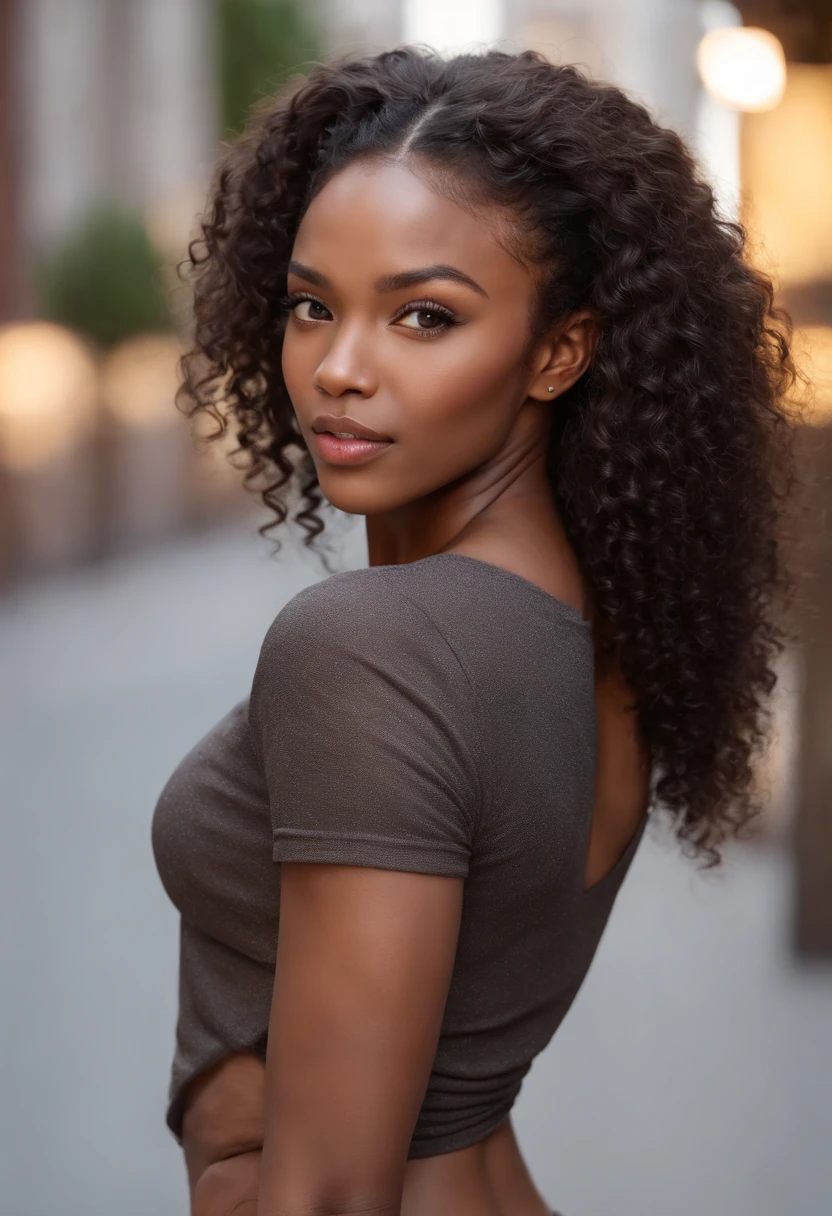 ((Dark African skin, Very deep ebony skin)), ((Its beauty is undeniable)), ((Excited cute face)), ((Hyper detailed perfect eyes,)), ((pose mignonne)), ((Langue sortie)), ((Seductive )), sexy, (( Tight mesh shirt, shorts courts sexy)), ((Afro ponytail with long African curly hair,)), (( peau)), ((debout, vue de face)), ((toucher ses propres jambes dans une pose sexy)), ((dehors, Ville publique)), Sharp Focus CGI, photoreallistic, High detail, Realstic, Masterpiece, absurdes, Best quality, Hdr, High quality, high-definition, Extremely detailed, 8k wallpaper, Intricate details, 8K UHD, Full-HD, (photo realist:1.2), contraste, intense illumination, lighting cinematic, natural lighting, hard light, contre-jour, Illumination globale, occlusion ambiante