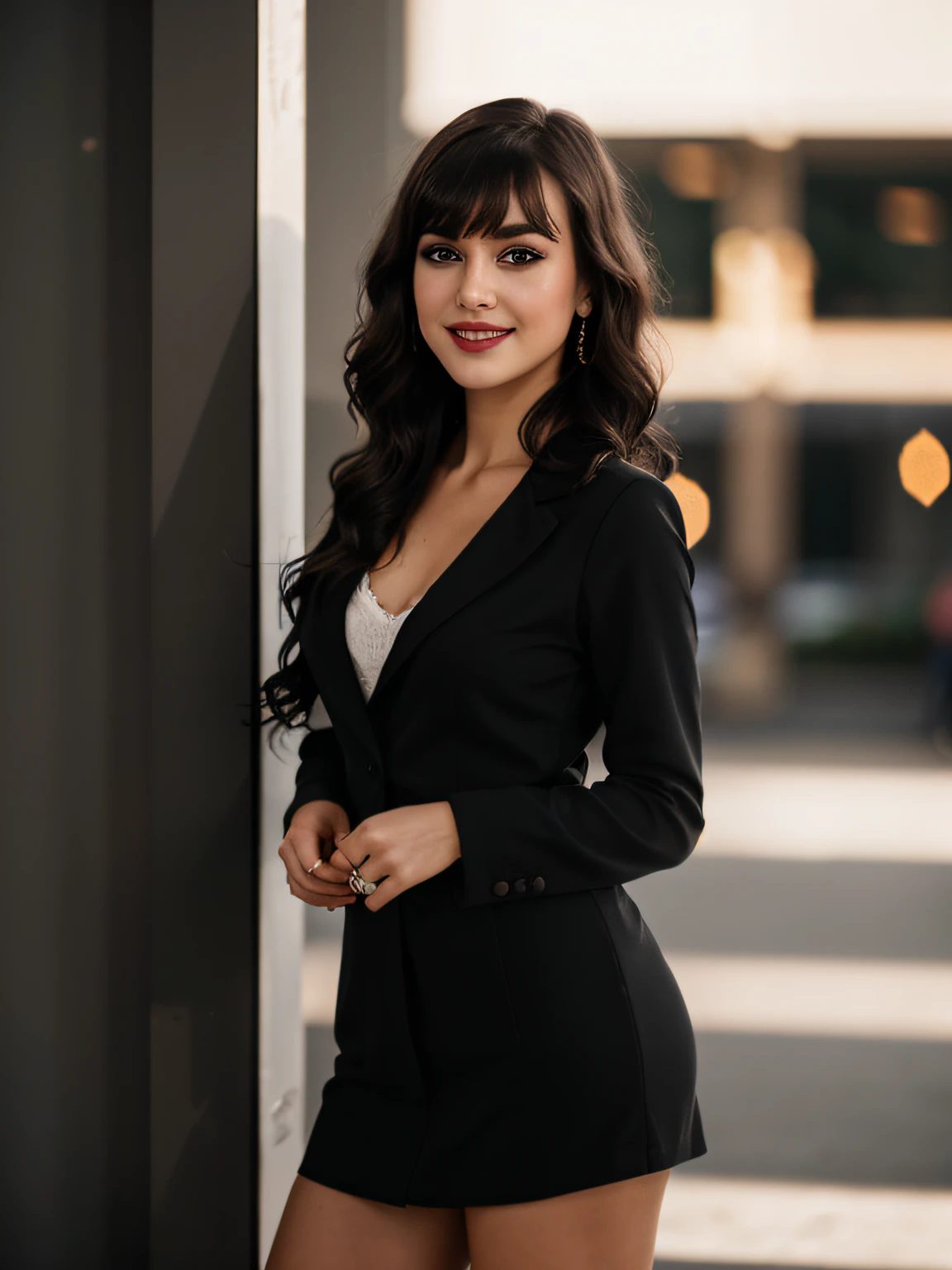 (sharp focus: 1.2), photo (full body) (American flat), attractive 25-year-old, (beautiful face: 1.1), detailed light brown eyes, delicious lips, (eye makeup: 0.85), (medium breasts: 1.0),leaning ,smiling, (firm body: 1.2), (wavy long black hair: 1.2), (long bangs:1.2) , (moderate lighting: 1.2), depth of field, bokeh, 4K, HDR. Miss Universe, cover photo.  (moody lighting: 1.2), depth of field, bokeh, 4K, HDR