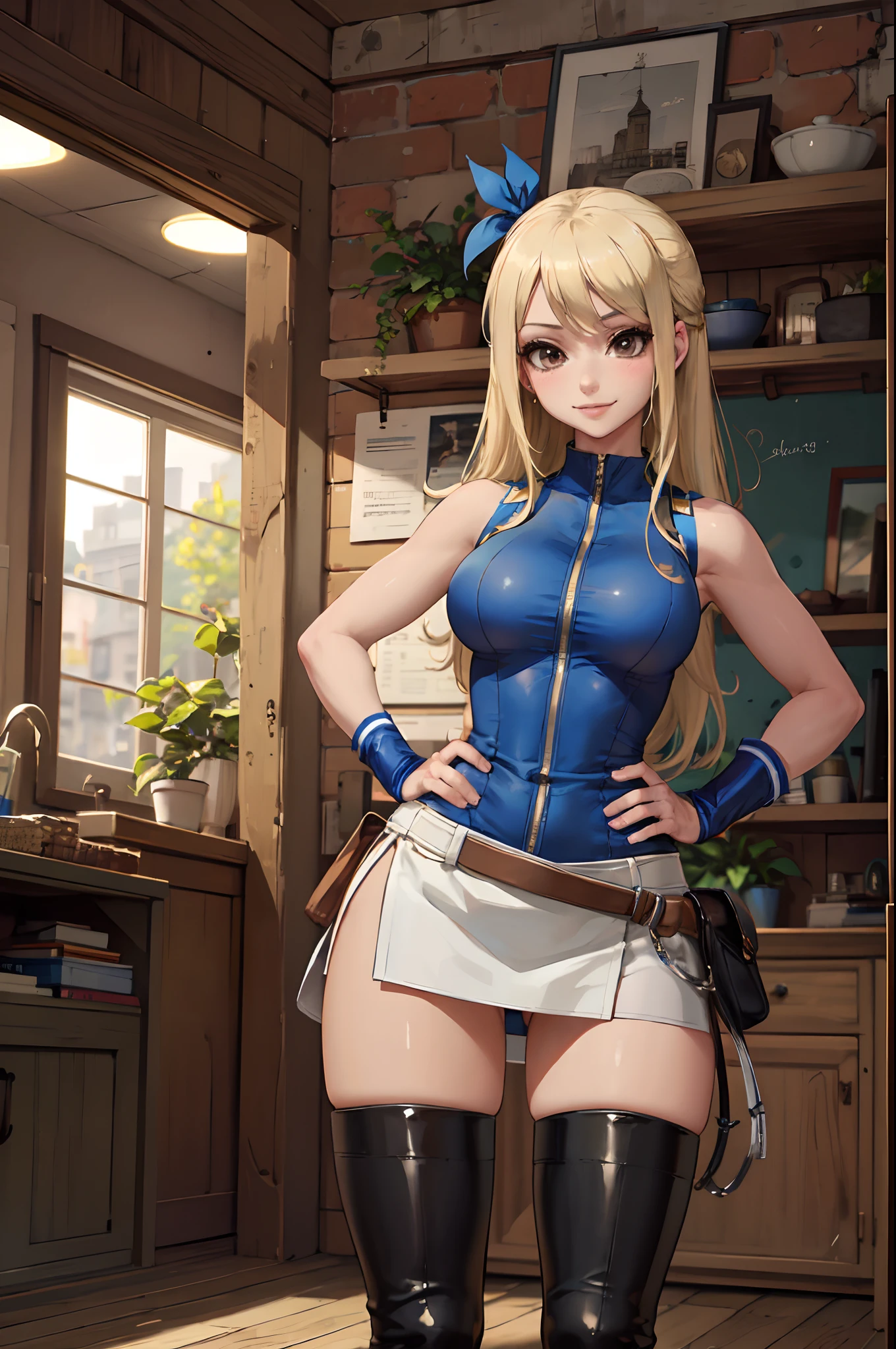 (masterpiece, best quality:1.2), solo, 1girl, lucy heartfilia, smile, looking ta viewer, hands on hips, blue sleeveless, miniskirt, thigh boots