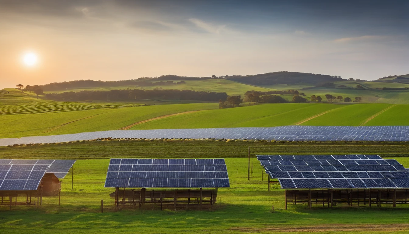 farm with rows of raised solar panels, com bovinos pastando abaixo dos paineis solares