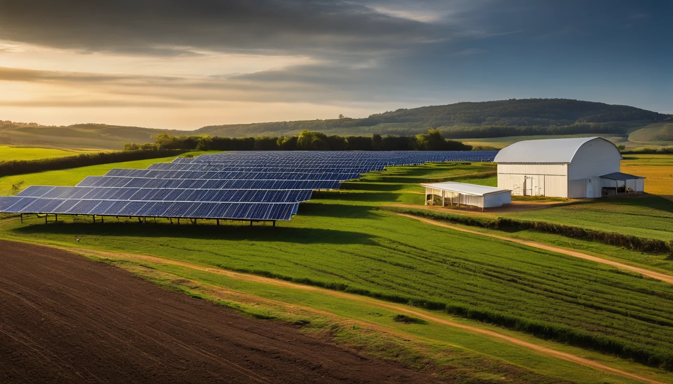 farm with rows of raised solar panels, com bovinos pastando abaixo dos paineis solares