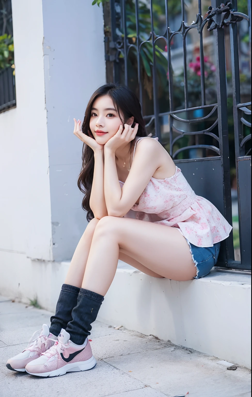 araffe sitting on a wall with her legs crossed and her hand on her chin, young and cute girl, anime thai girl, a cute young woman, pretty face with arms and legs, photo of slim girl, photo of slim girl model, beautiful girl model, young asian girl, asian girl, cute young woman, dang my linh, lovely woman, Best picture quality, masterpiece, ultra high resolution, 8k, cleavage, big boobs, bust detail, hair detail, eye detail, sharp eyes, thin smile, professional lighting