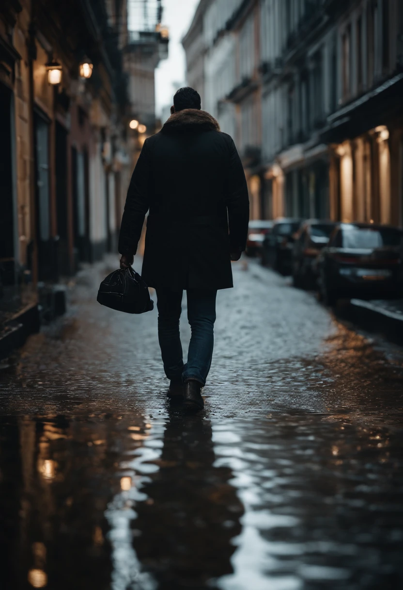 Um homem caminhando em um dia chuvoso, ray tracing, roupas pretas molhadas, dark dark lighting, alta qualidade, ultra-detalhado, Realistic, retratos escuros, HDR, cores intensas, ruas molhadas, reflections of lights in puddles, cinematic atmospheric.