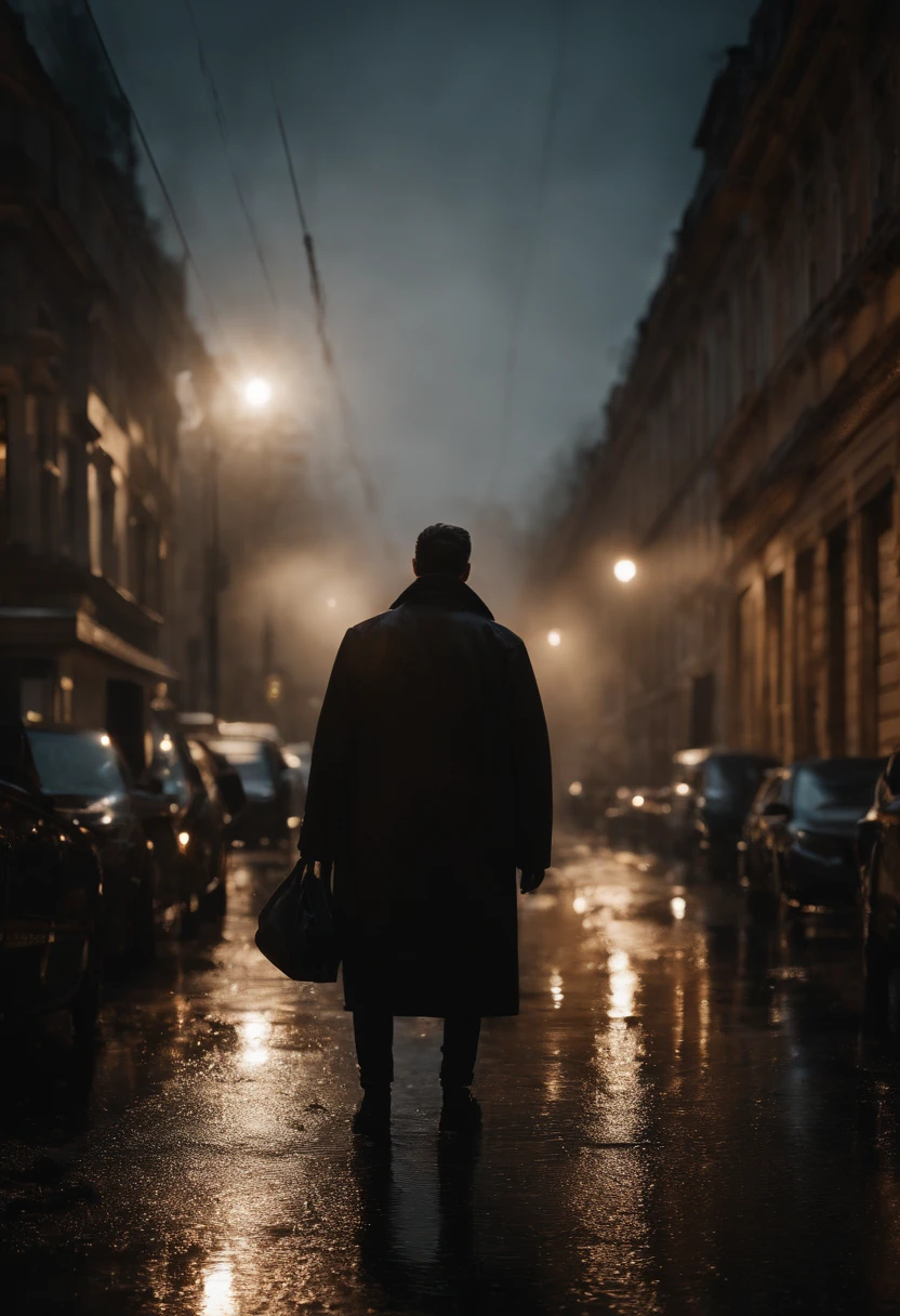 Um homem caminhando em um dia chuvoso, ray tracing, roupas pretas molhadas, dark dark lighting, alta qualidade, ultra-detalhado, Realistic, retratos escuros, HDR, cores intensas, ruas molhadas, reflections of lights in puddles, cinematic atmospheric.